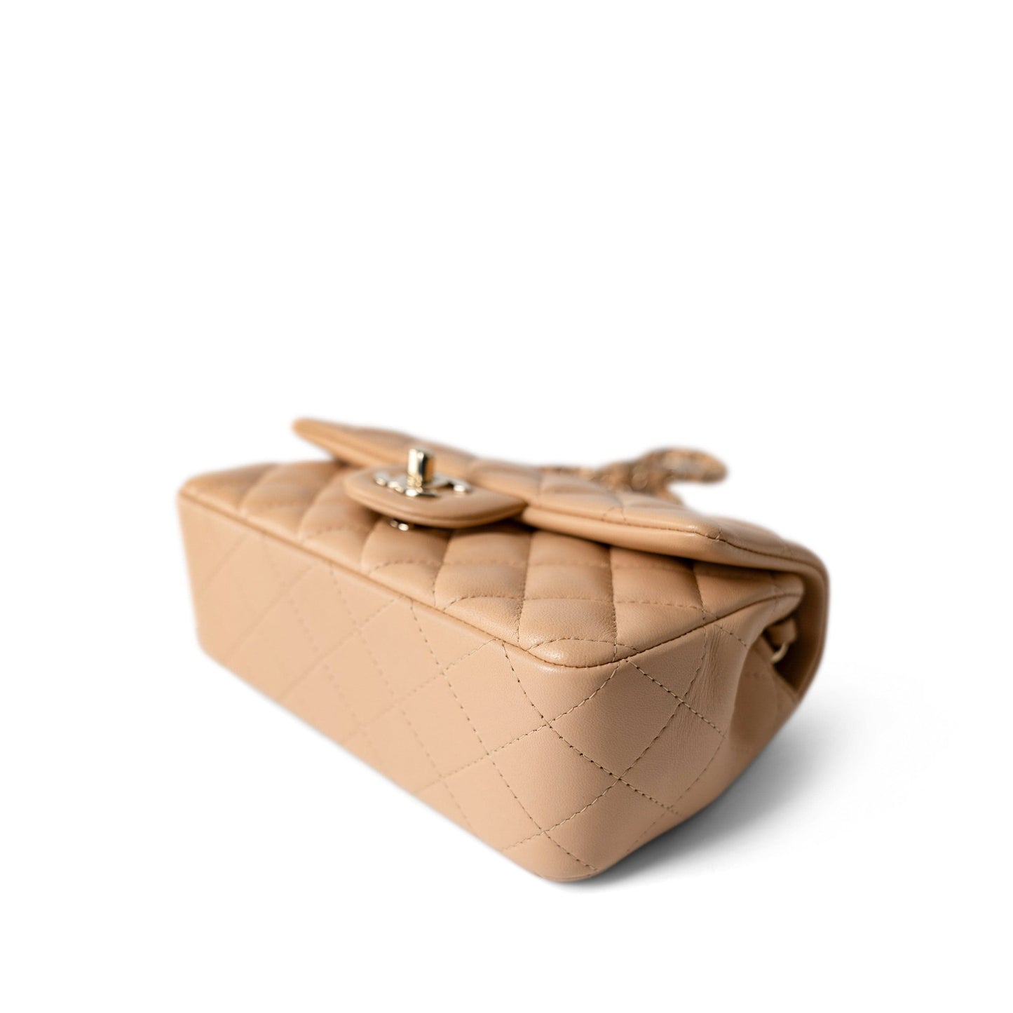 23C Beige Lambskin Quilted Mini Rectangular Flap Light Gold Hardware