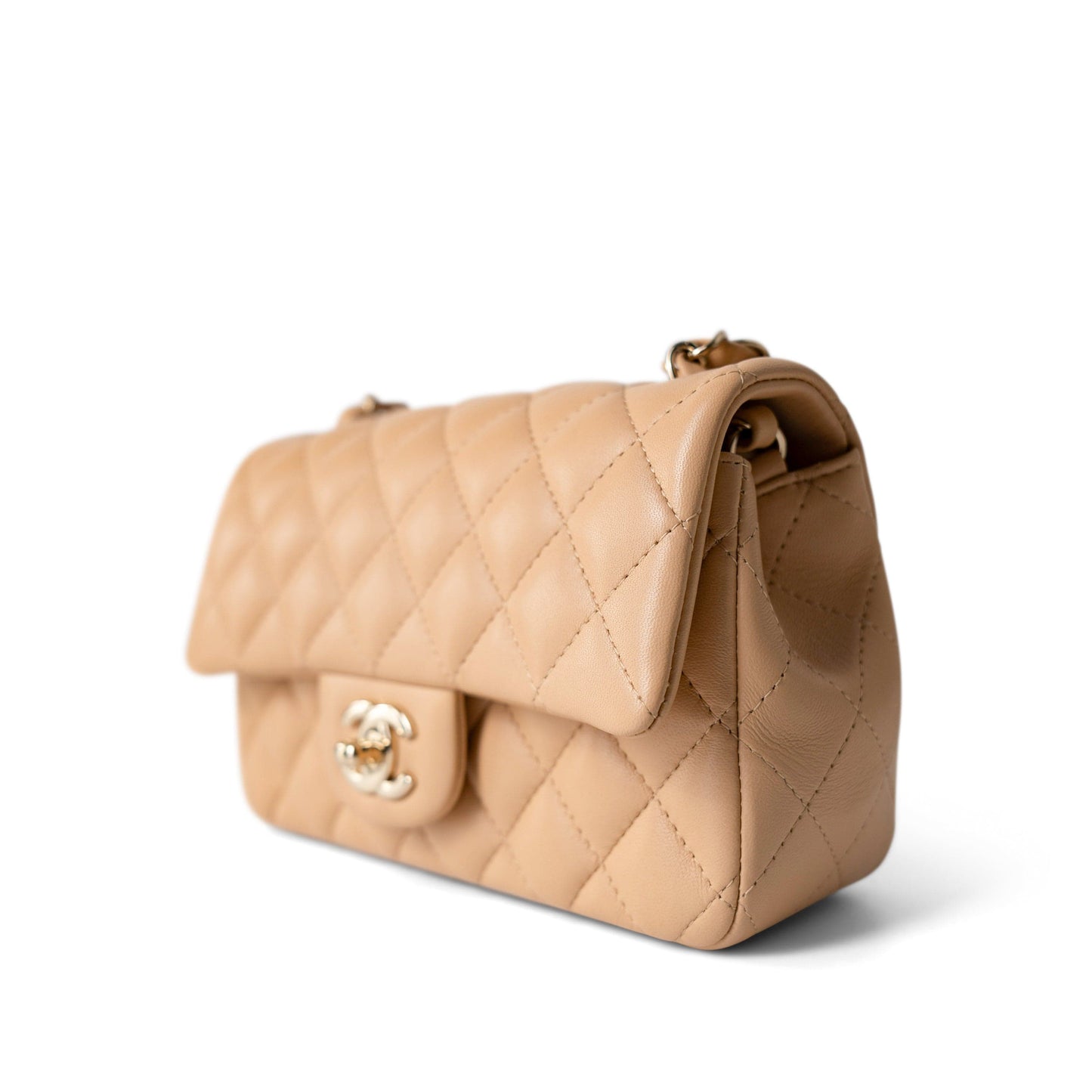 23C Beige Lambskin Quilted Mini Rectangular Flap Light Gold Hardware