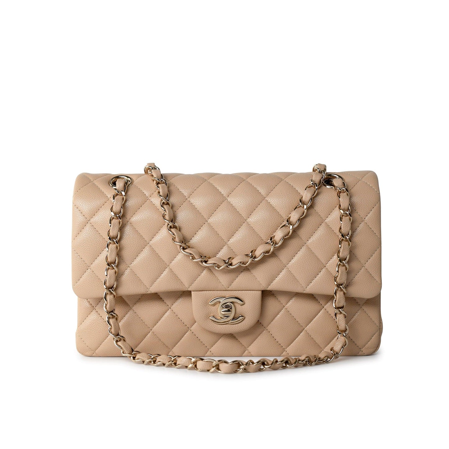 Beige/Tan Caviar Quilted Classic Flap Medium Light Gold Hardware