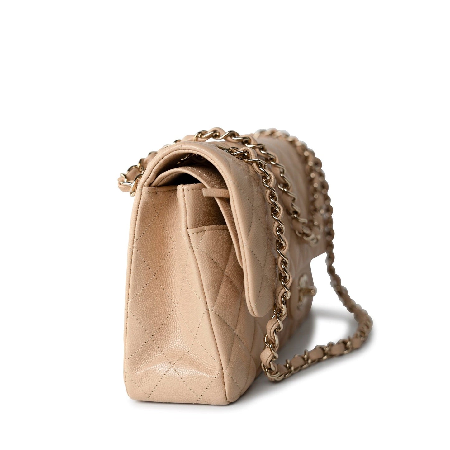 Beige/Tan Caviar Quilted Classic Flap Medium Light Gold Hardware