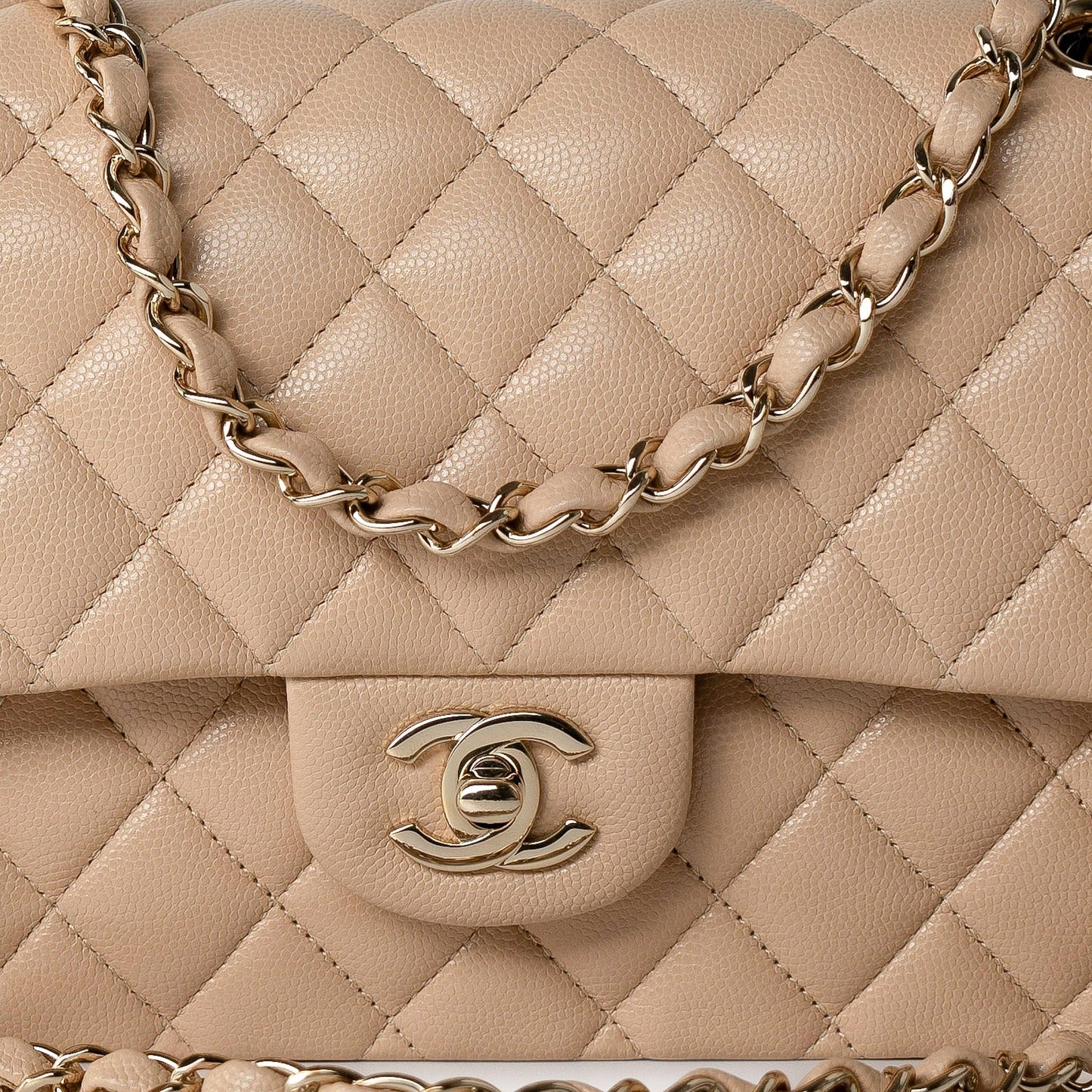 Beige/Tan Caviar Quilted Classic Flap Medium Light Gold Hardware