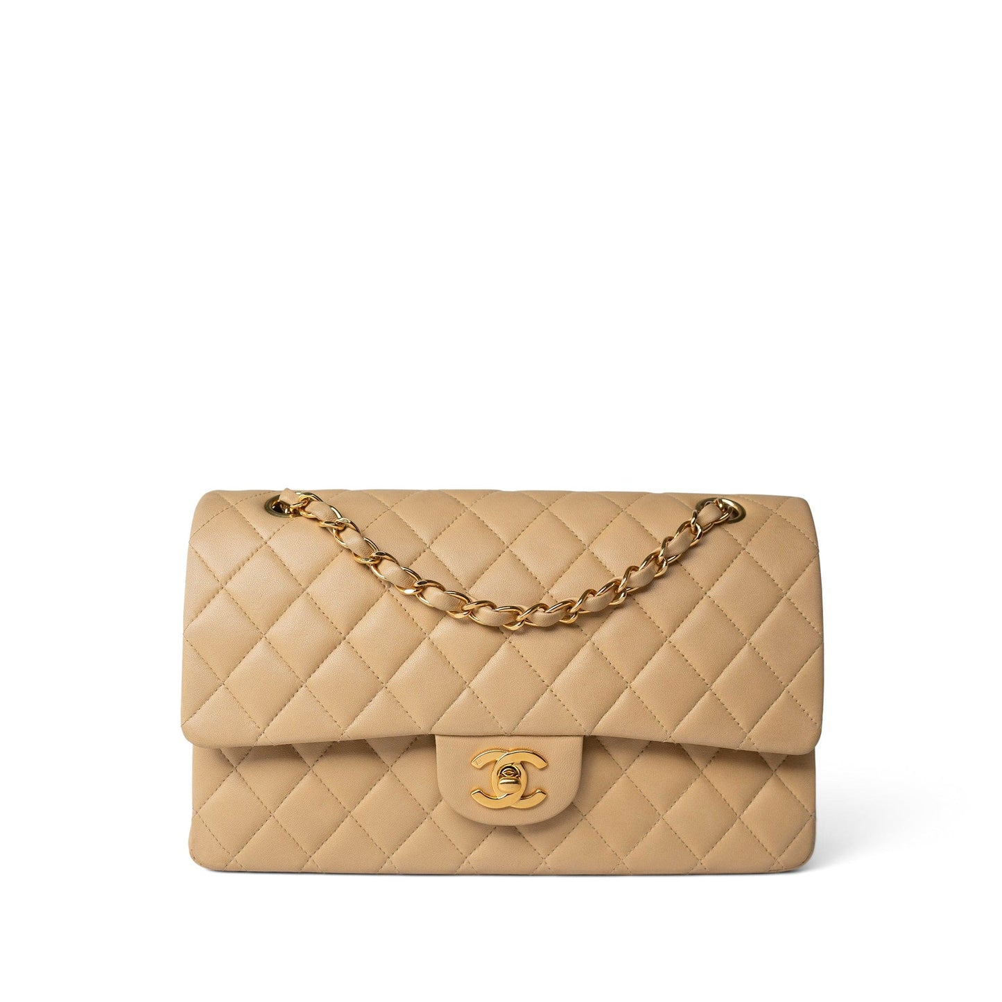 Vintage Beige Lambskin Quilted Classic Flap Medium Gold Hardware