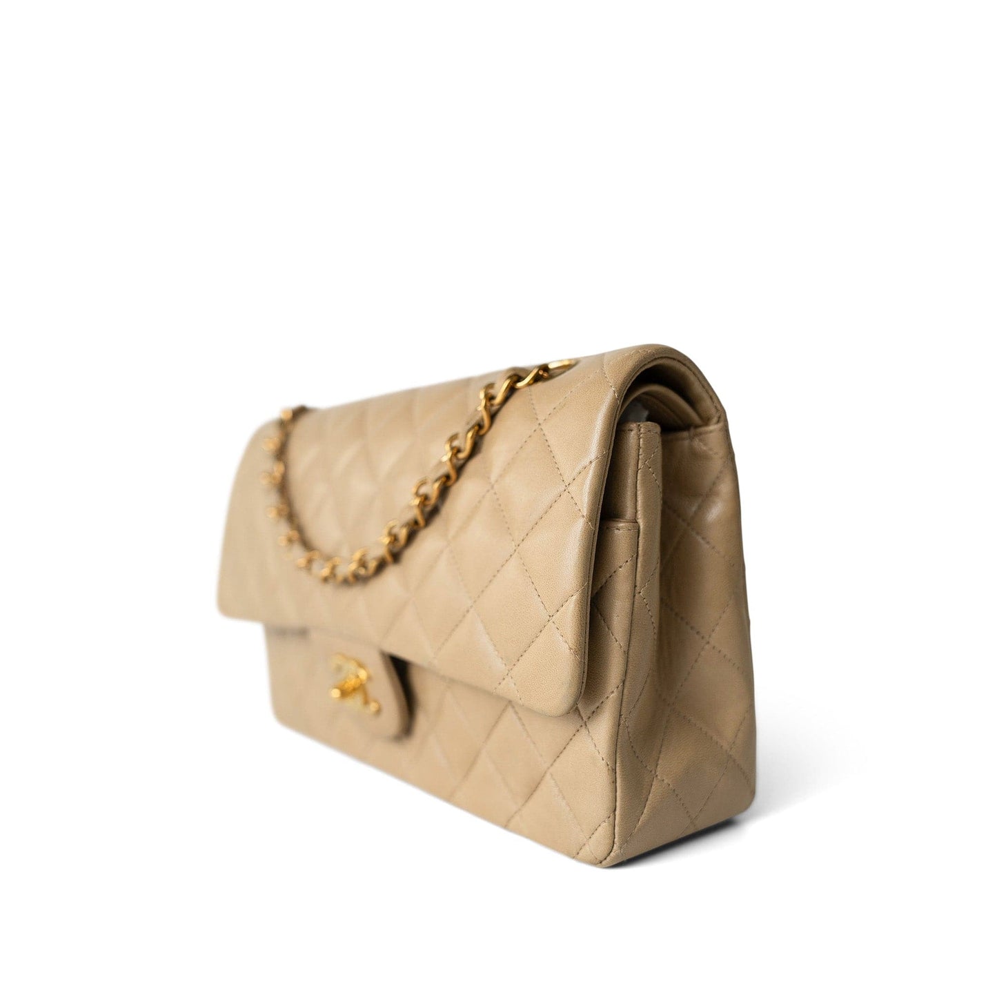 Vintage Dark Beige Lambskin Quilted Classic Flap Medium Gold Hardware