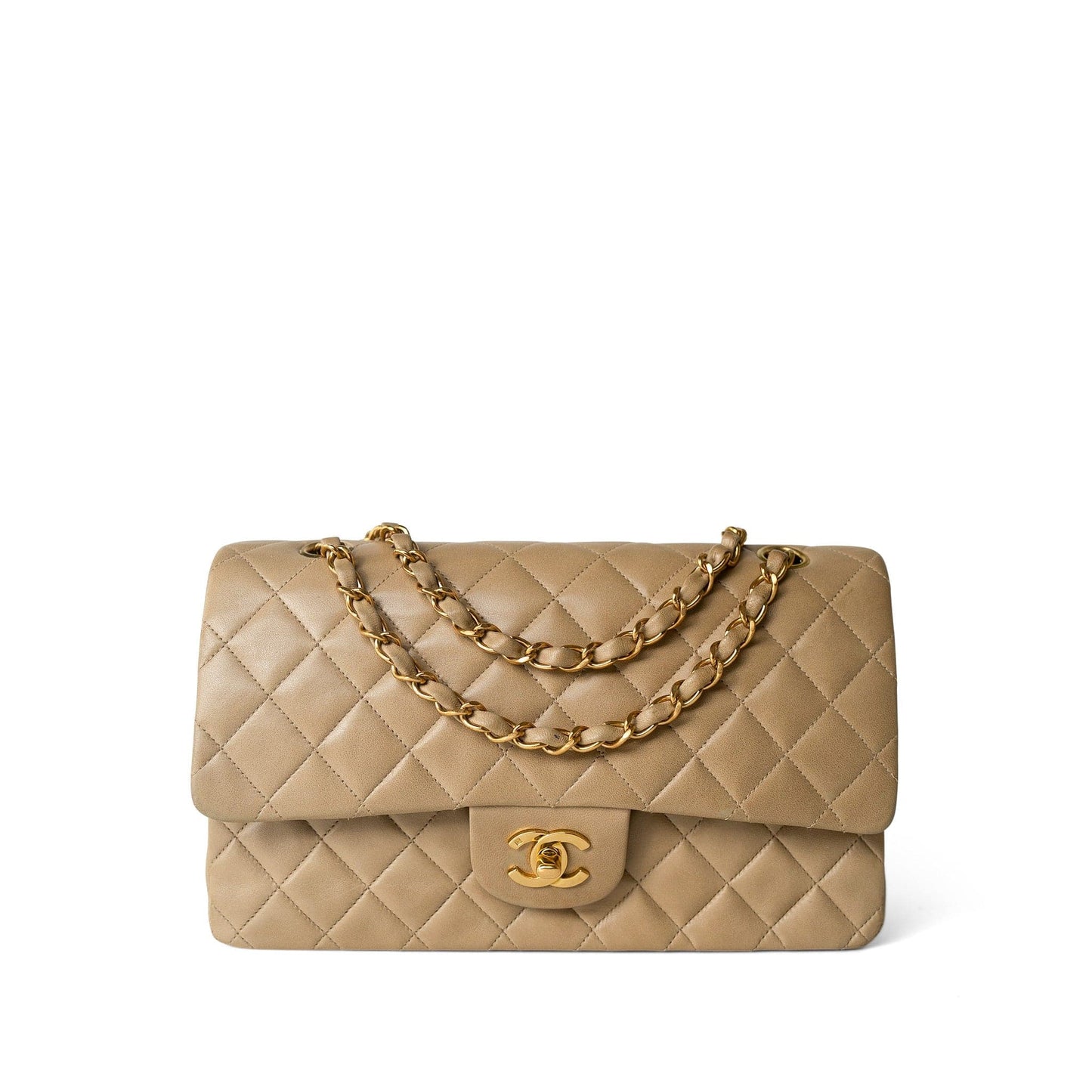 Vintage Dark Beige Lambskin Quilted Classic Flap Medium Gold Hardware