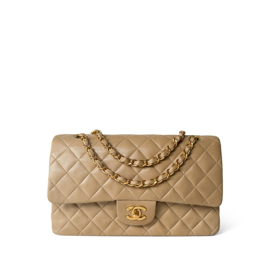 Vintage Dark Beige Lambskin Quilted Classic Flap Medium Gold Hardware