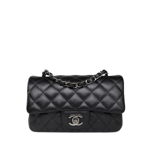 18C Black Glittery Caviar Quilted Mini Rectangular Flap