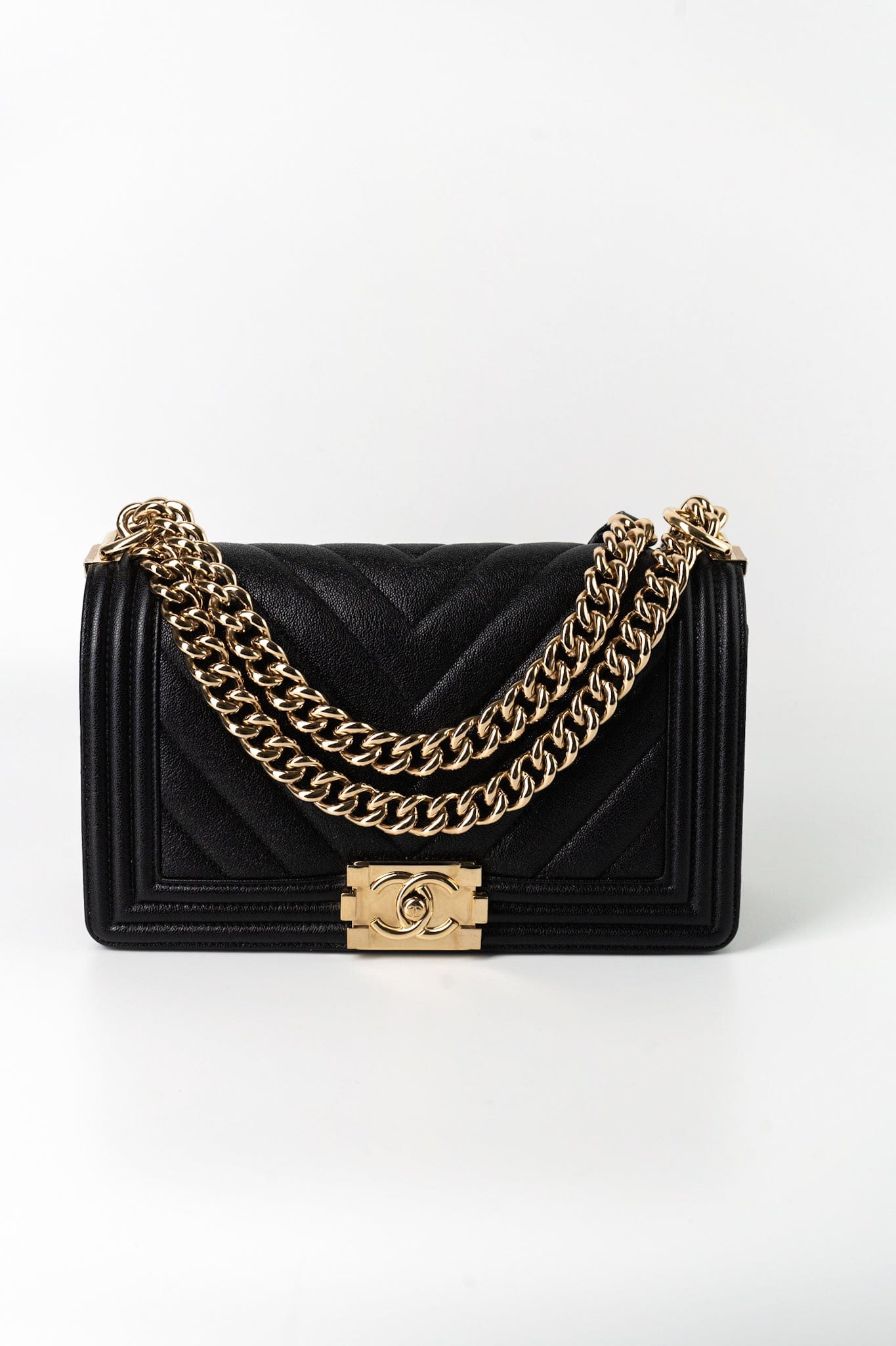 19S Shiny Black Caviar Chevron Boy Bag Medium Champagne Gold Hardware
