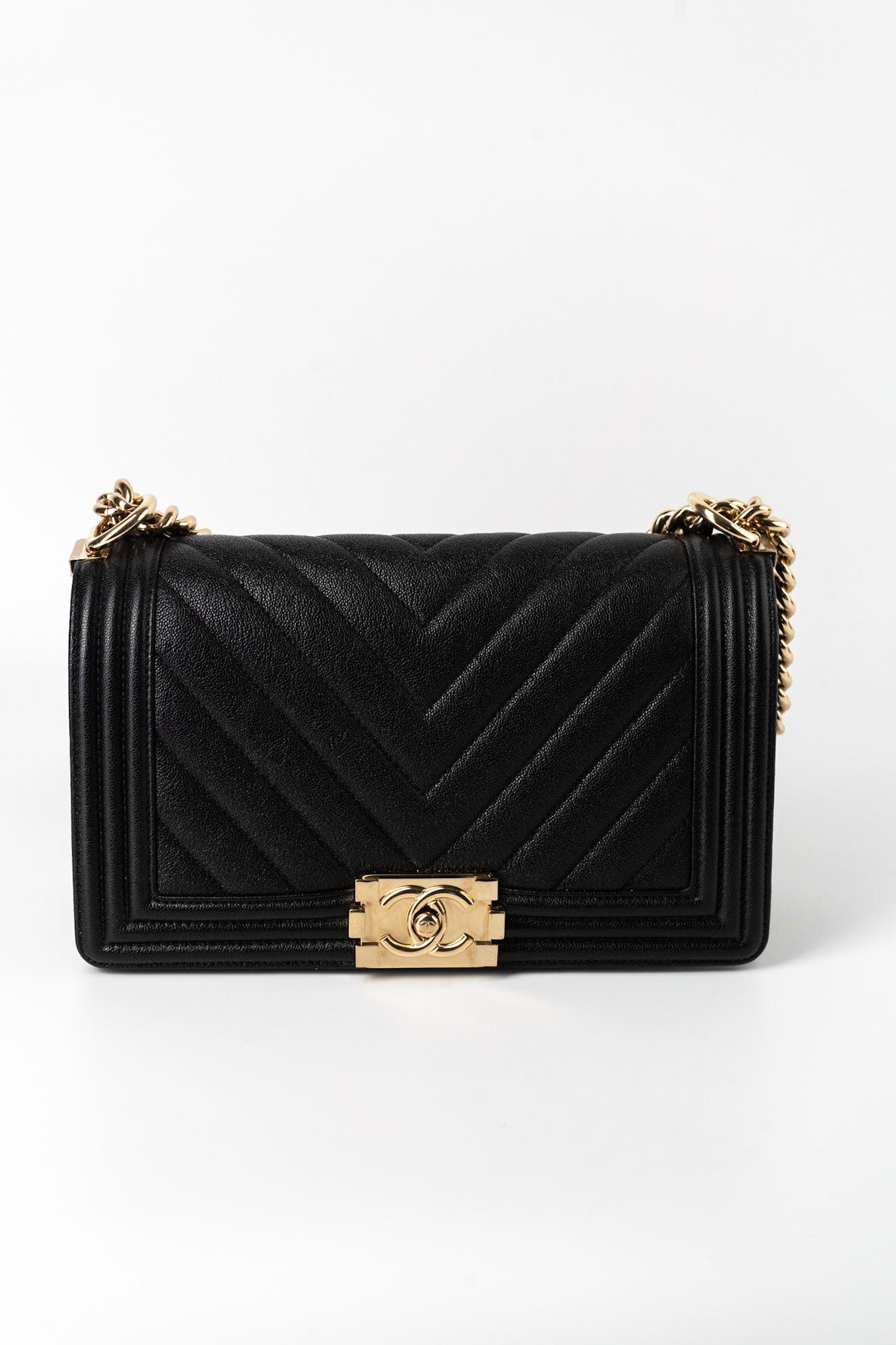19S Shiny Black Caviar Chevron Boy Bag Medium Champagne Gold Hardware