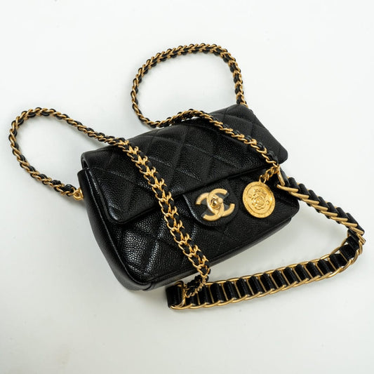 21A Black Caviar Quilted Mini Medallion Single Flap AGHW