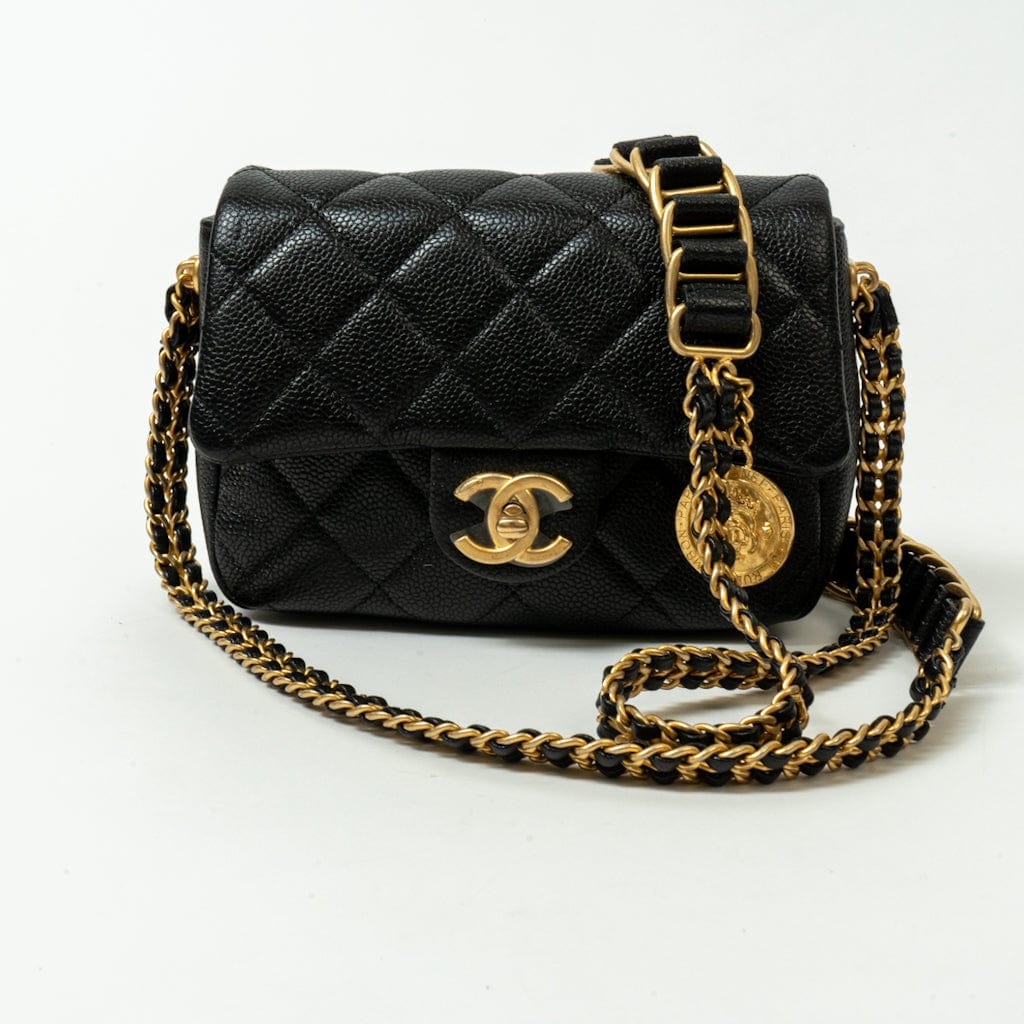 21A Black Caviar Quilted Mini Medallion Single Flap AGHW