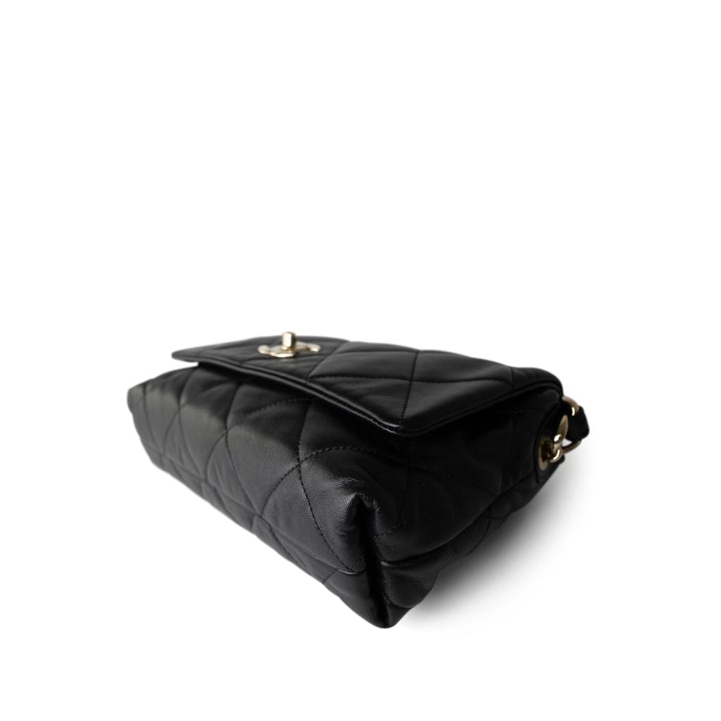 21C Black Lambskin Quilted Chanel Chain Single Flap Shoulder Bag Light Gold Hardware