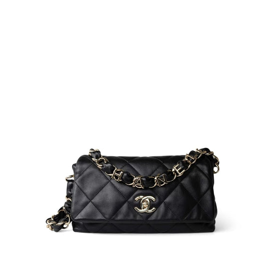 21C Black Lambskin Quilted Chanel Chain Single Flap Shoulder Bag Light Gold Hardware