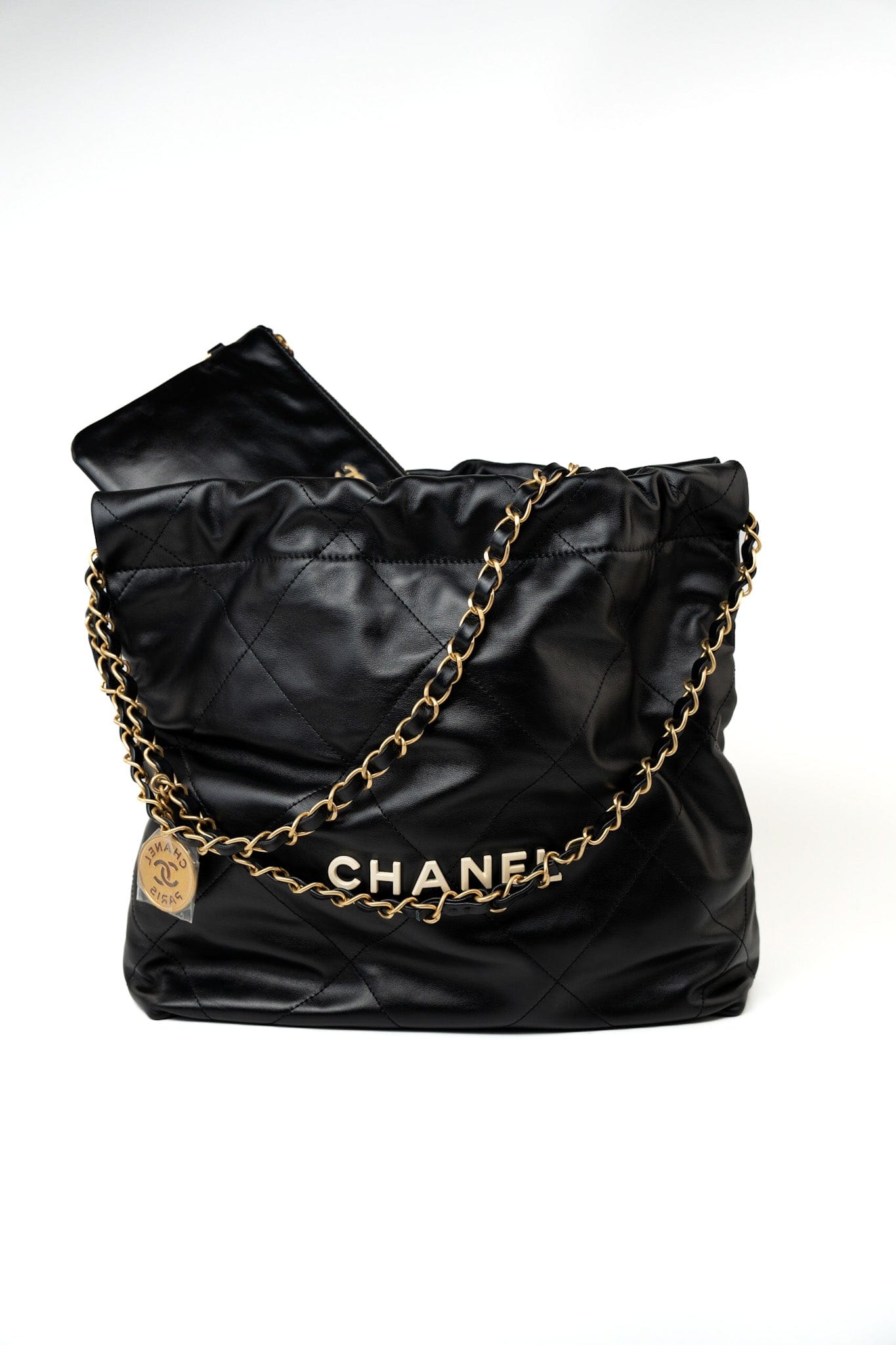 22S Black Calfskin Quilted 22 Drawstring Bag Small Antique Gold Hardware