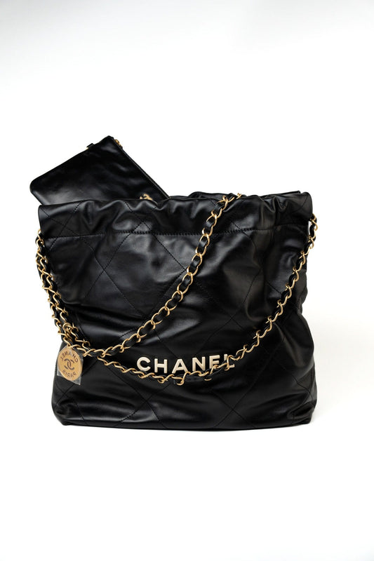 22S Black Calfskin Quilted 22 Drawstring Bag Small Antique Gold Hardware