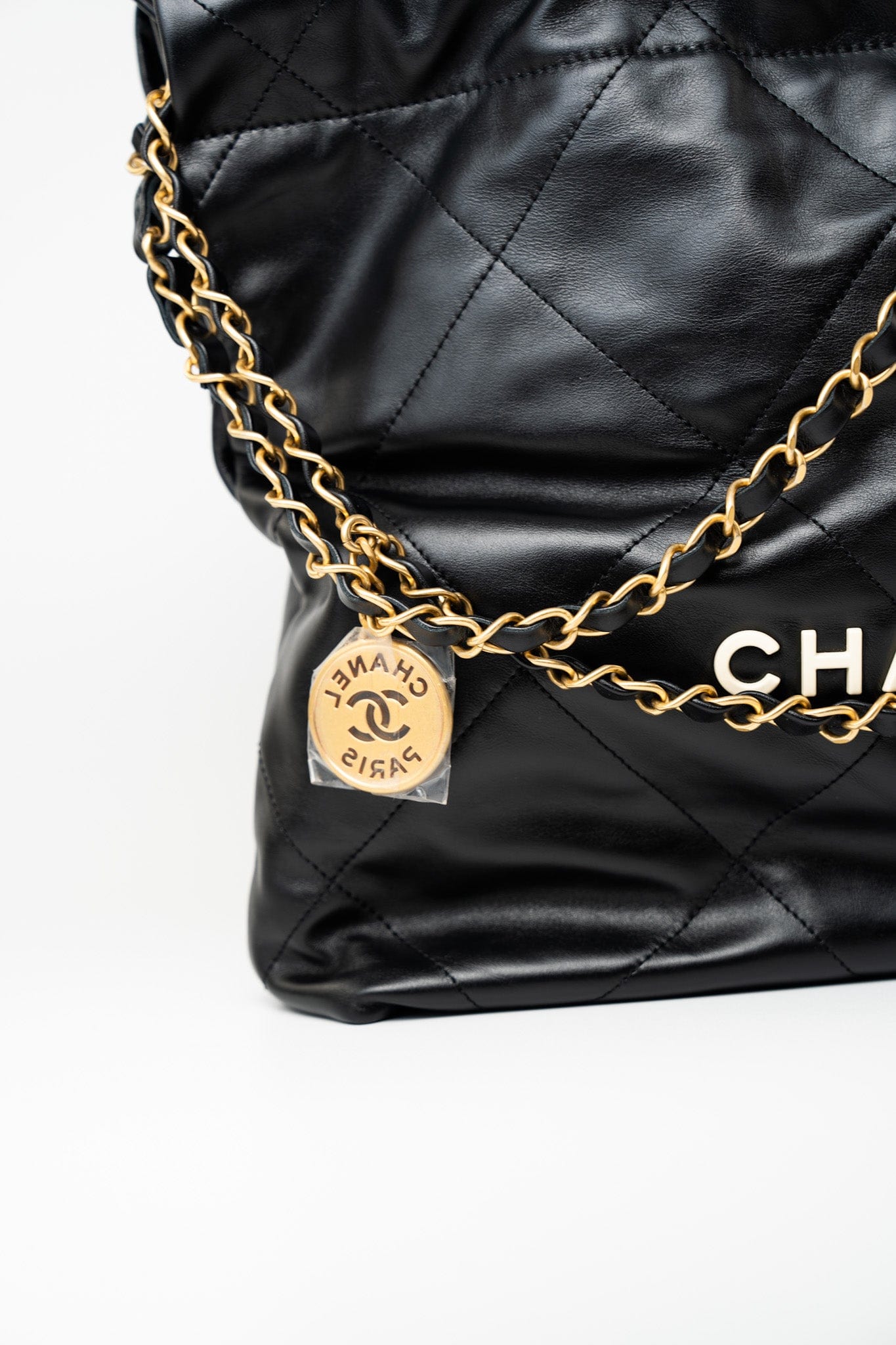 22S Black Calfskin Quilted 22 Drawstring Bag Small Antique Gold Hardware