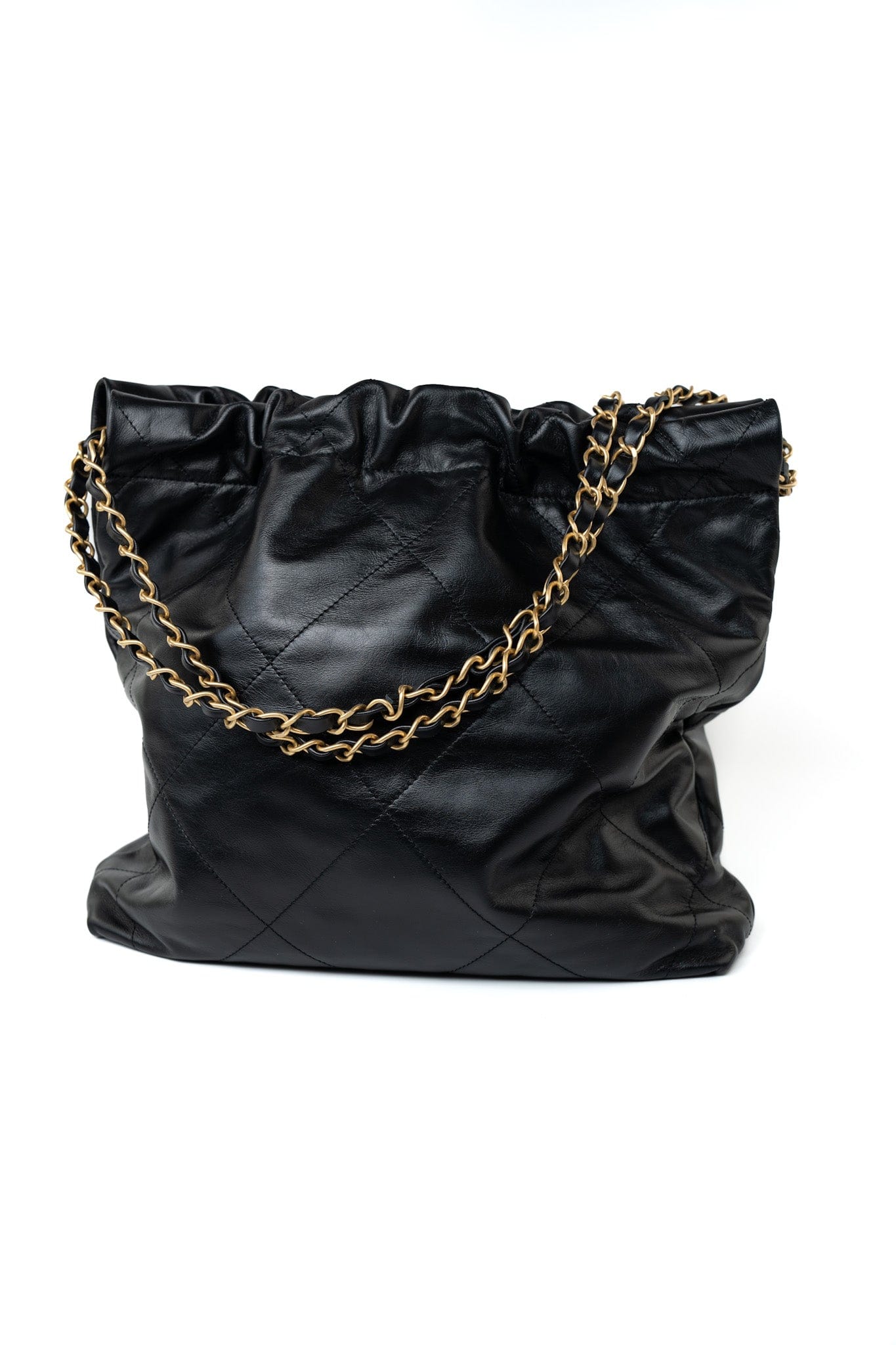 22S Black Calfskin Quilted 22 Drawstring Bag Small Antique Gold Hardware