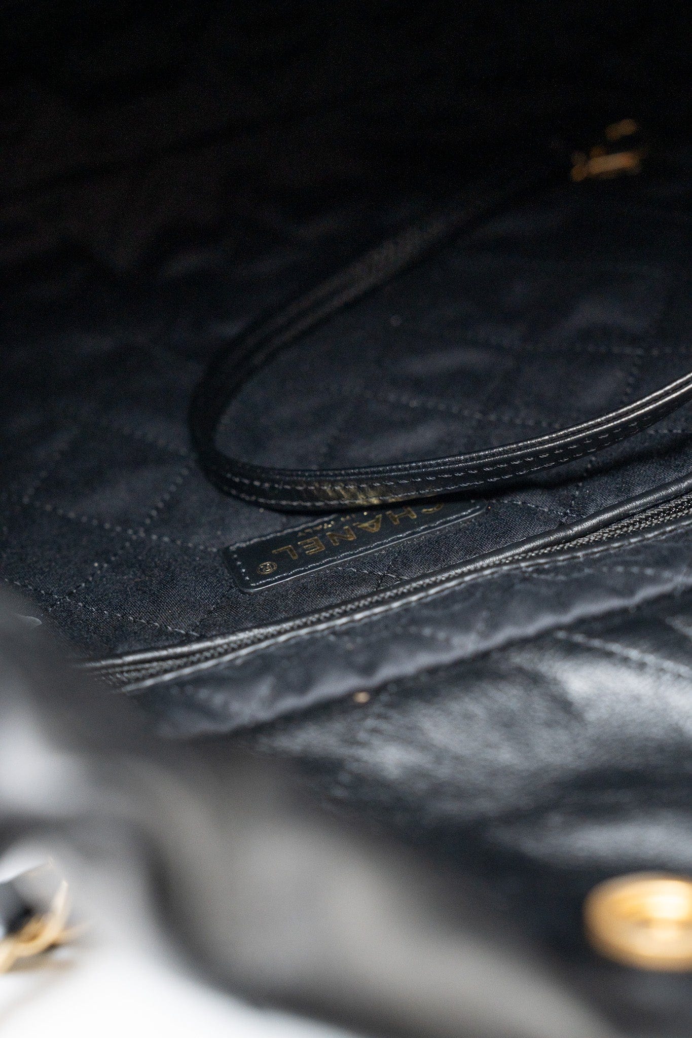 22S Black Calfskin Quilted 22 Drawstring Bag Small Antique Gold Hardware