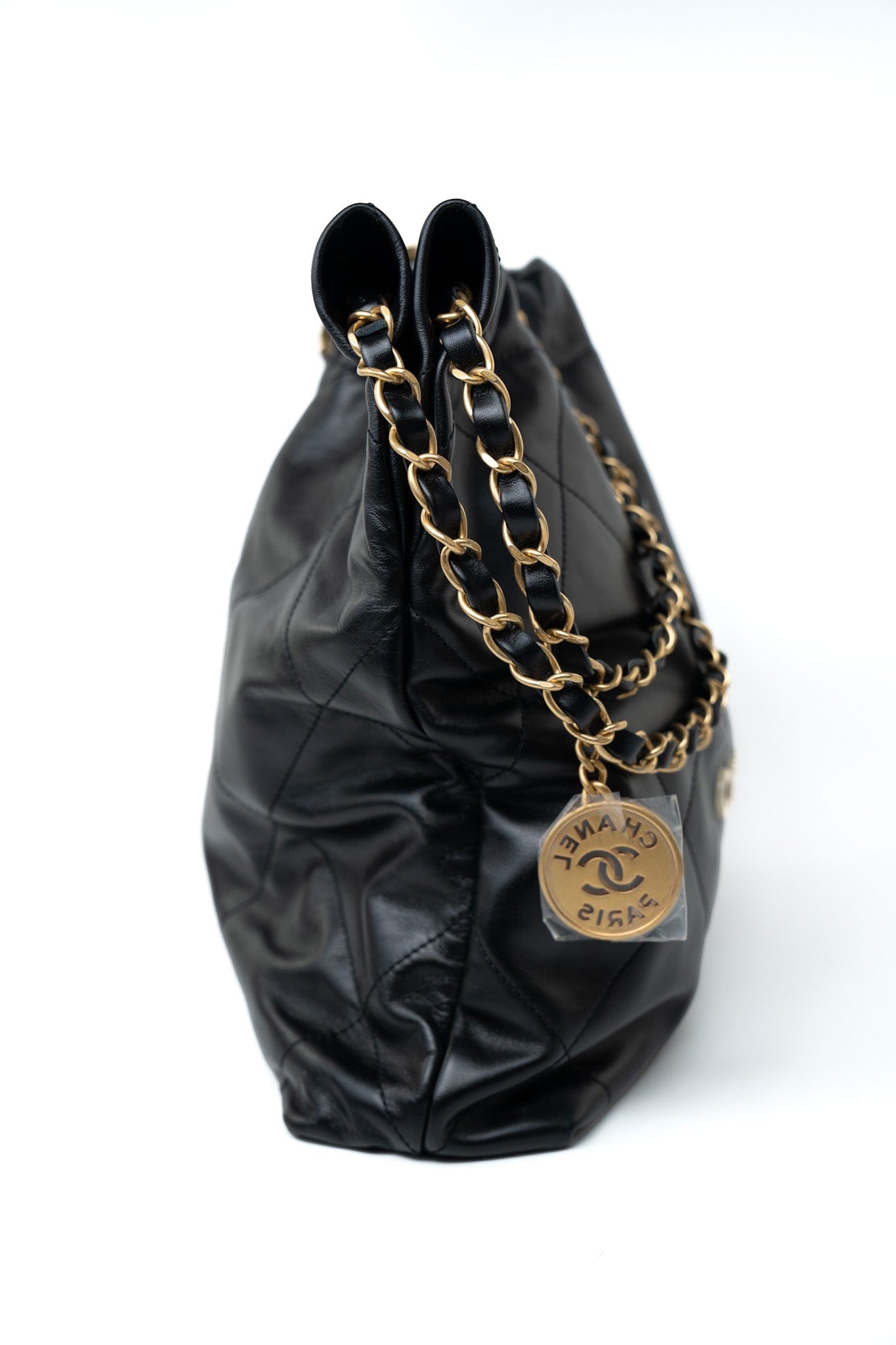 22S Black Calfskin Quilted 22 Drawstring Bag Small Antique Gold Hardware