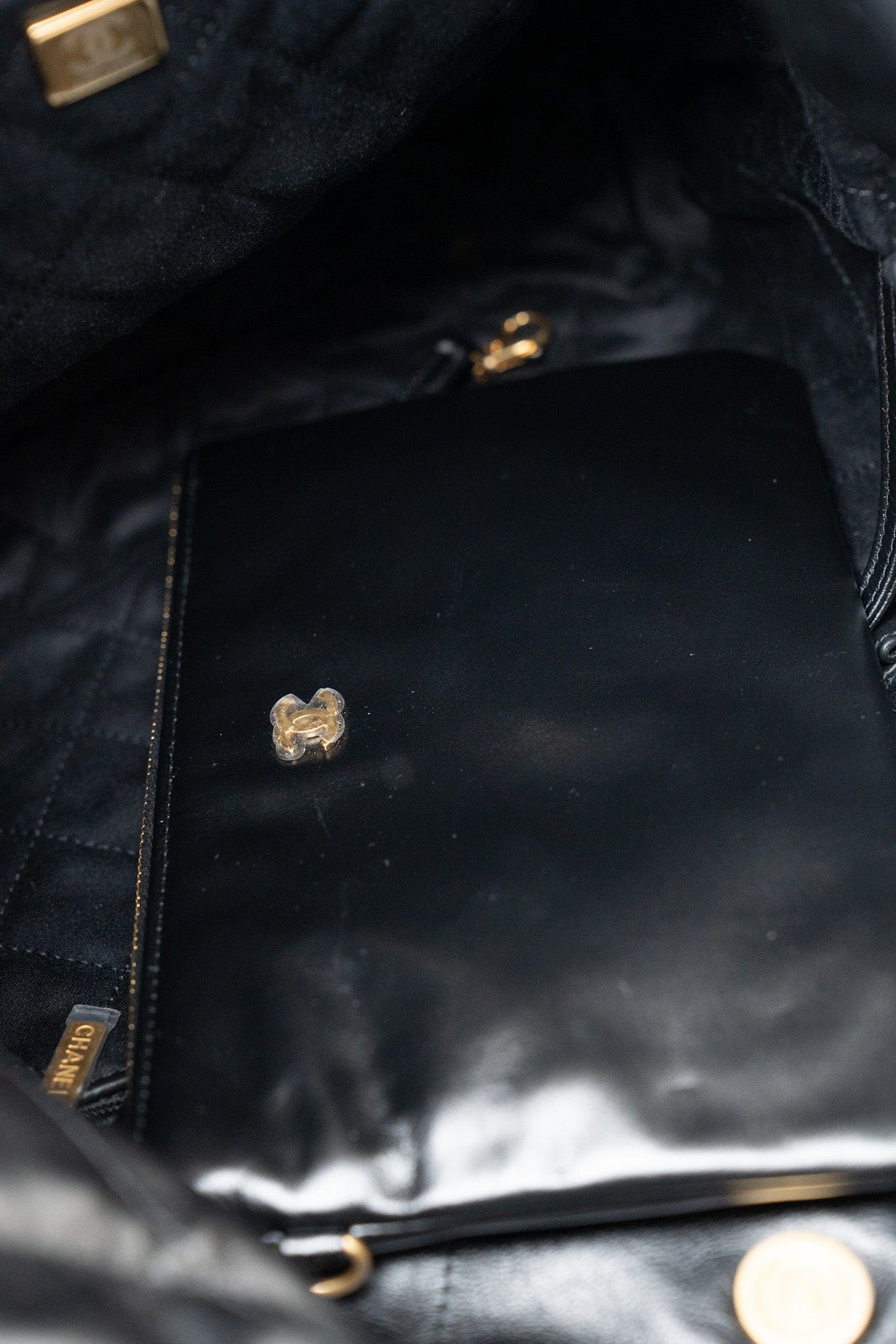 22S Black Calfskin Quilted 22 Drawstring Bag Small Antique Gold Hardware