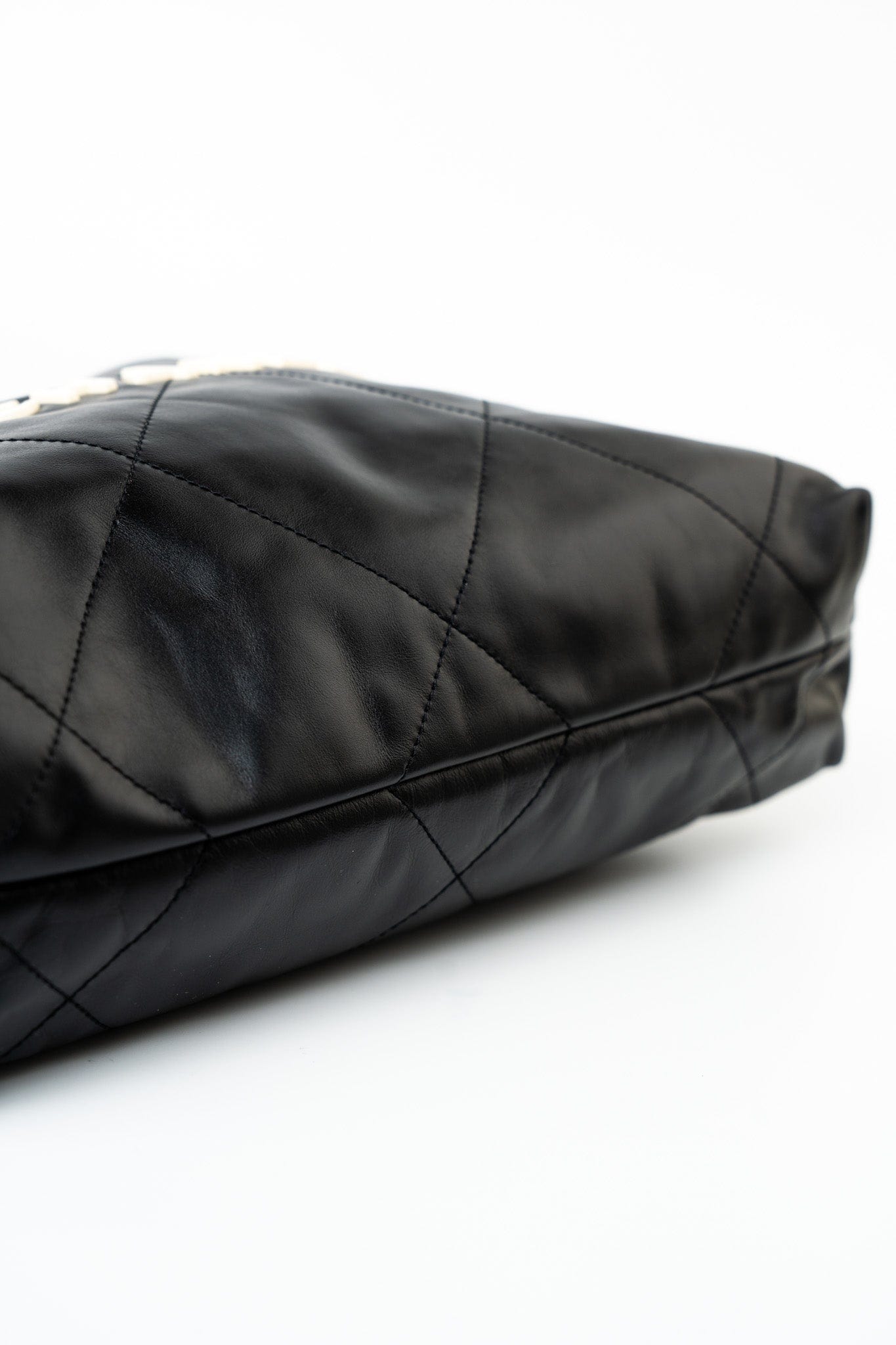 22S Black Calfskin Quilted 22 Drawstring Bag Small Antique Gold Hardware