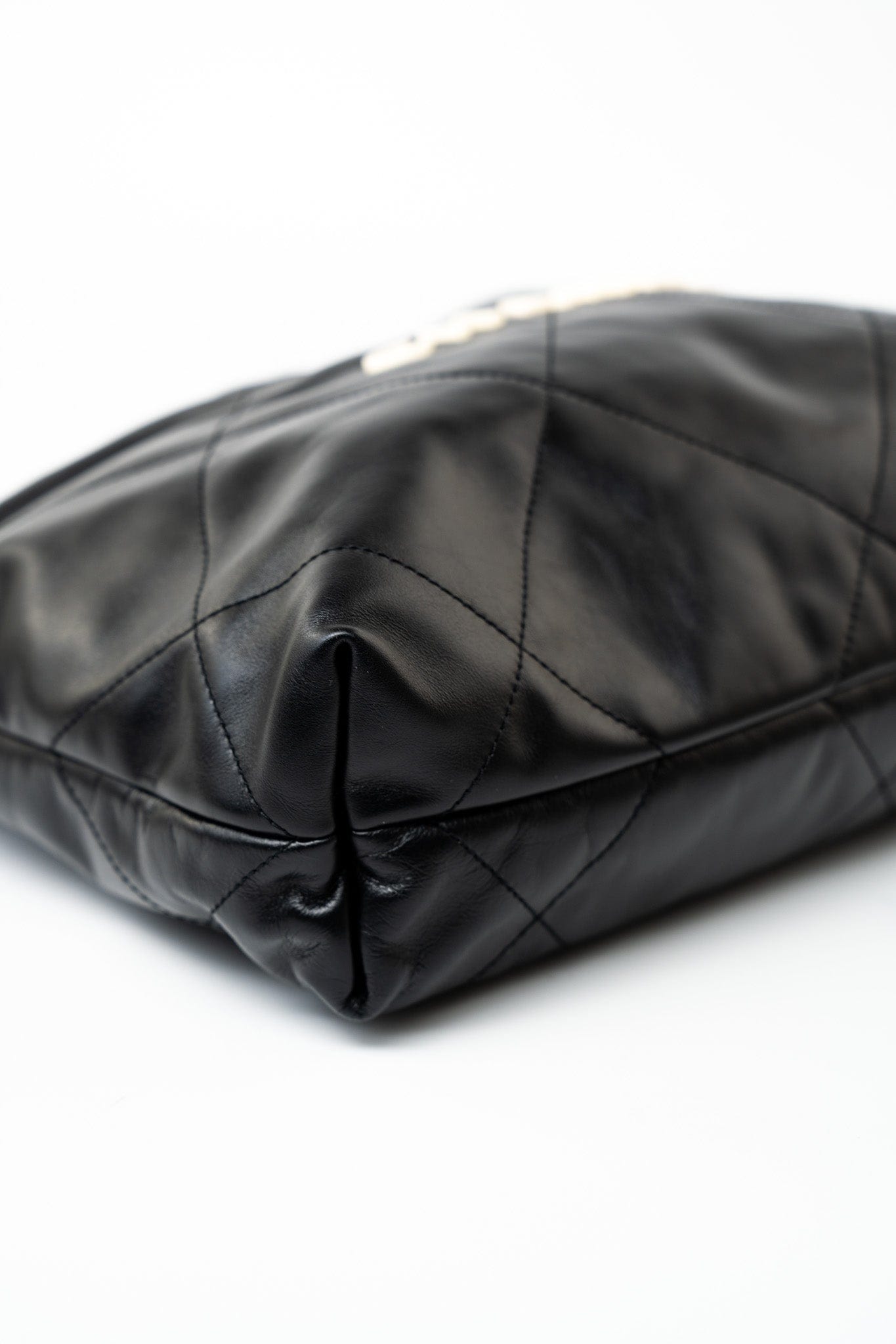 22S Black Calfskin Quilted 22 Drawstring Bag Small Antique Gold Hardware