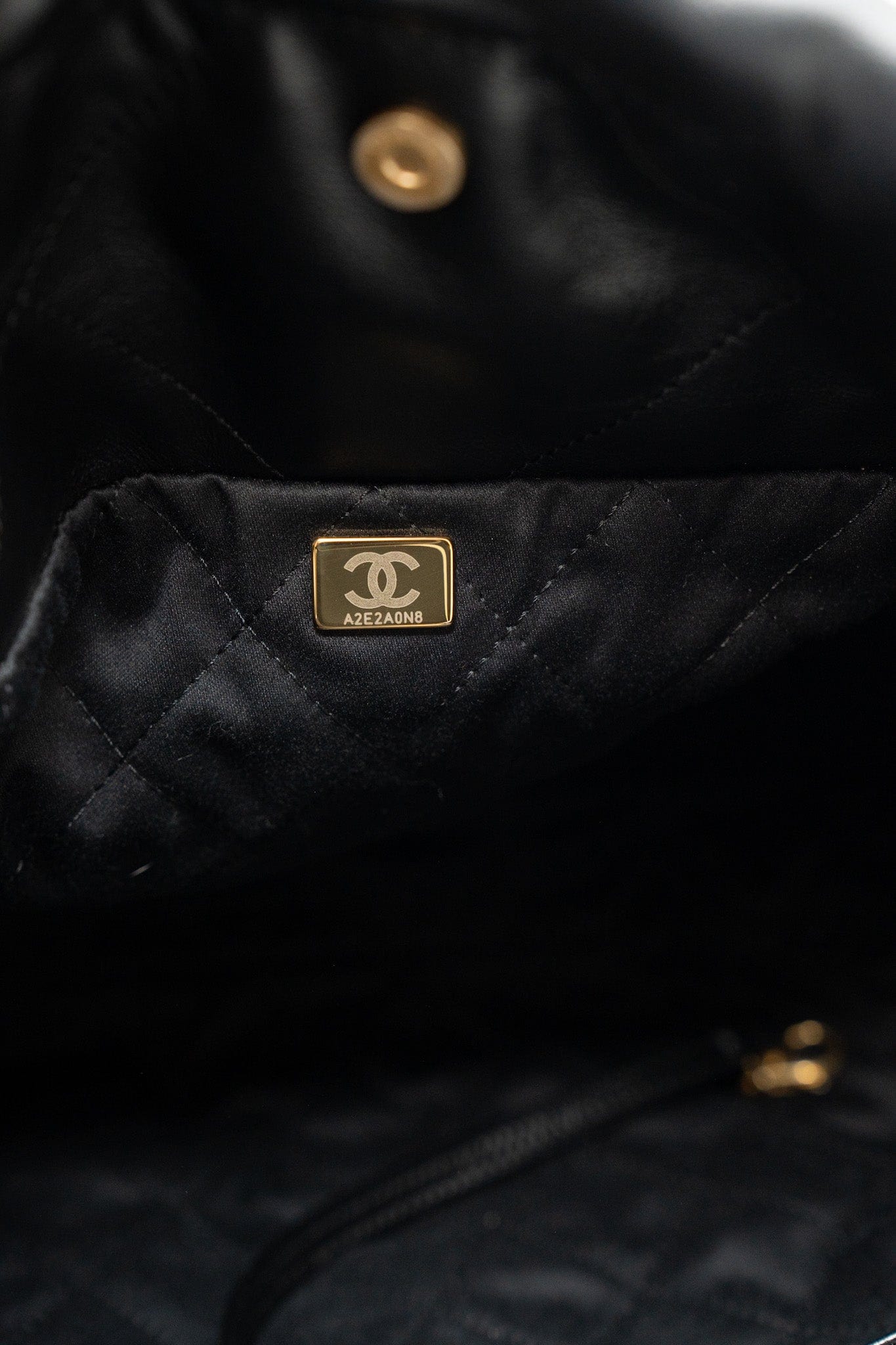 22S Black Calfskin Quilted 22 Drawstring Bag Small Antique Gold Hardware