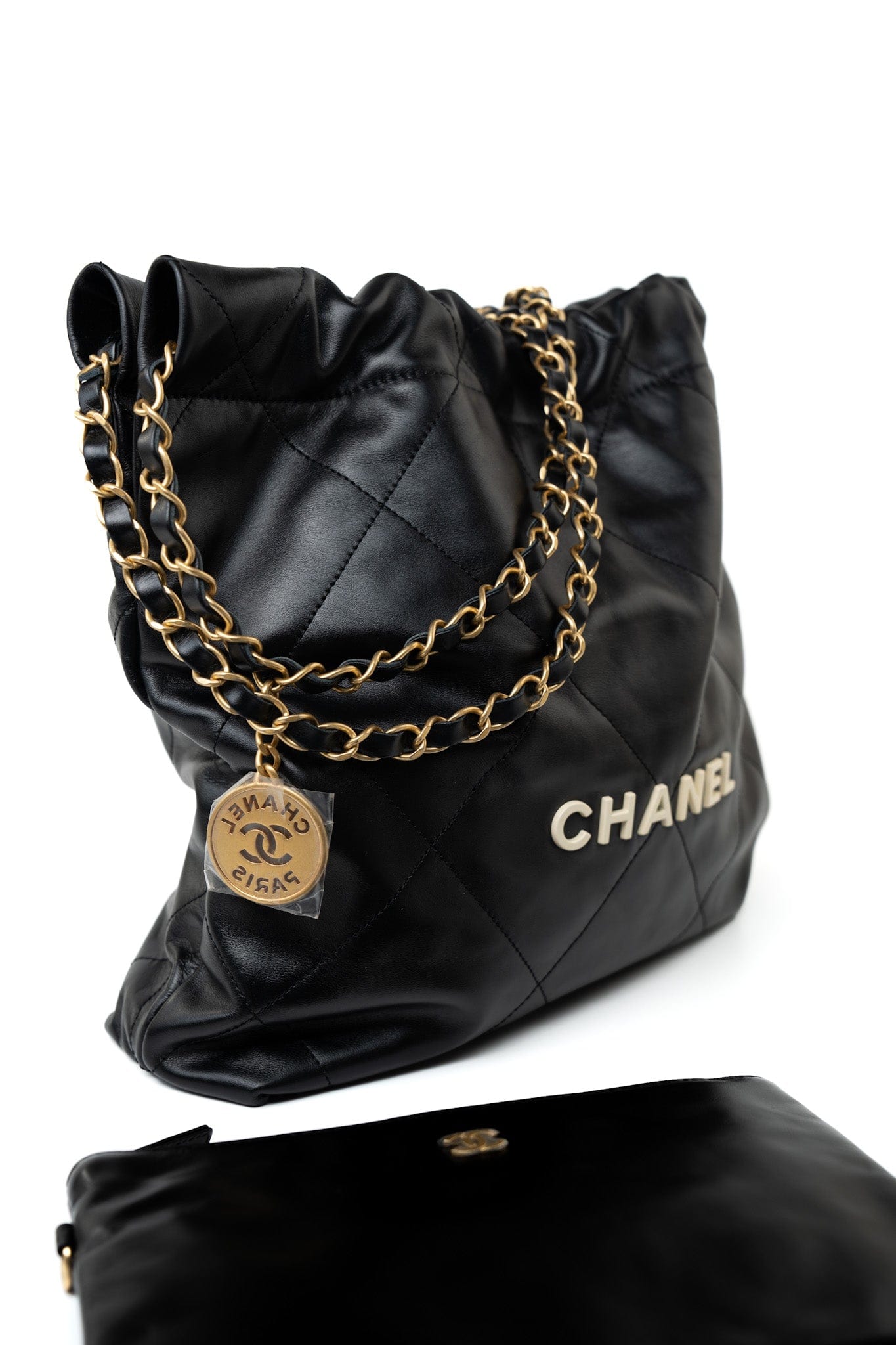 22S Black Calfskin Quilted 22 Drawstring Bag Small Antique Gold Hardware