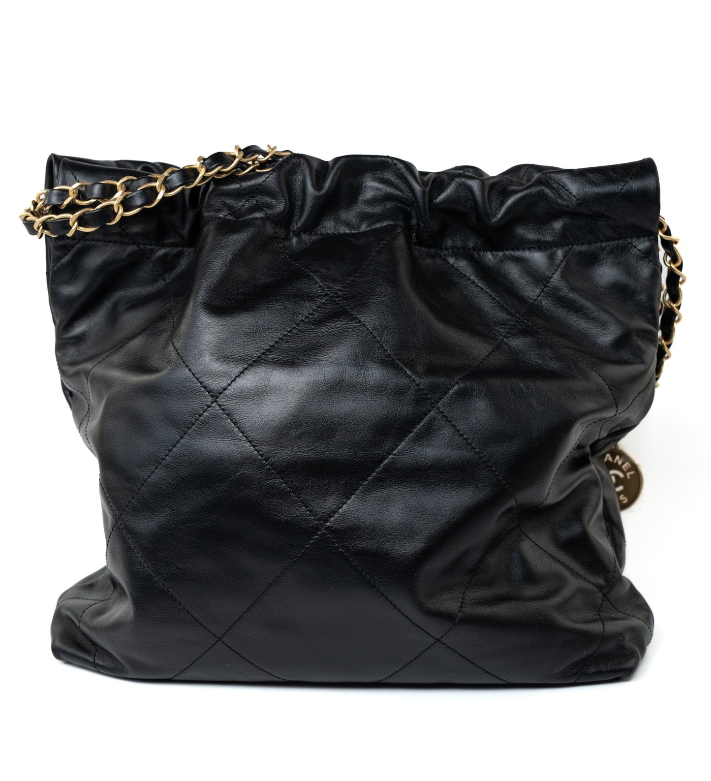 22S Black Calfskin Quilted 22 Drawstring Bag Small Antique Gold Hardware