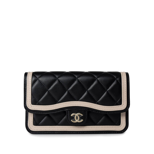 23B Black / Beige O Phone Holder w/ Chain Flap Light Gold Hardware