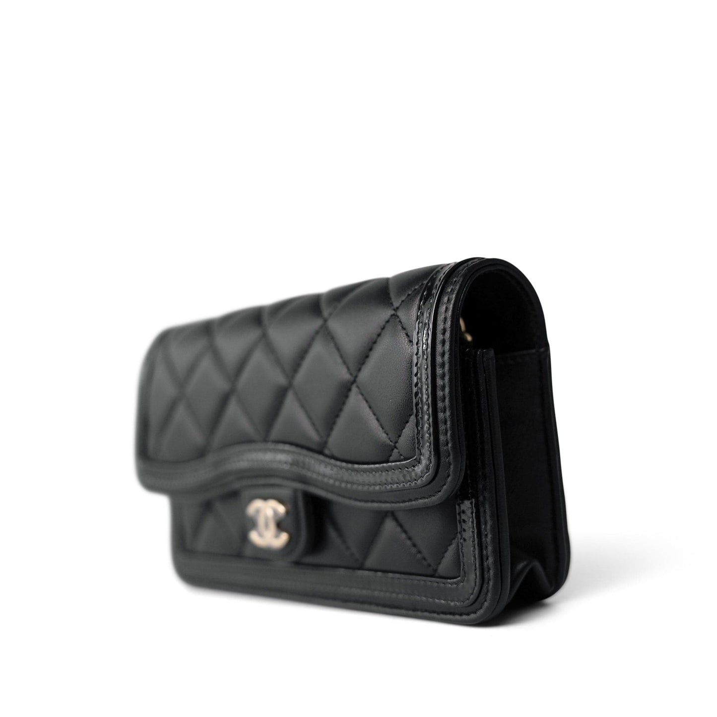 23B Black Lambskin Quilted O Phone Holder With Chain