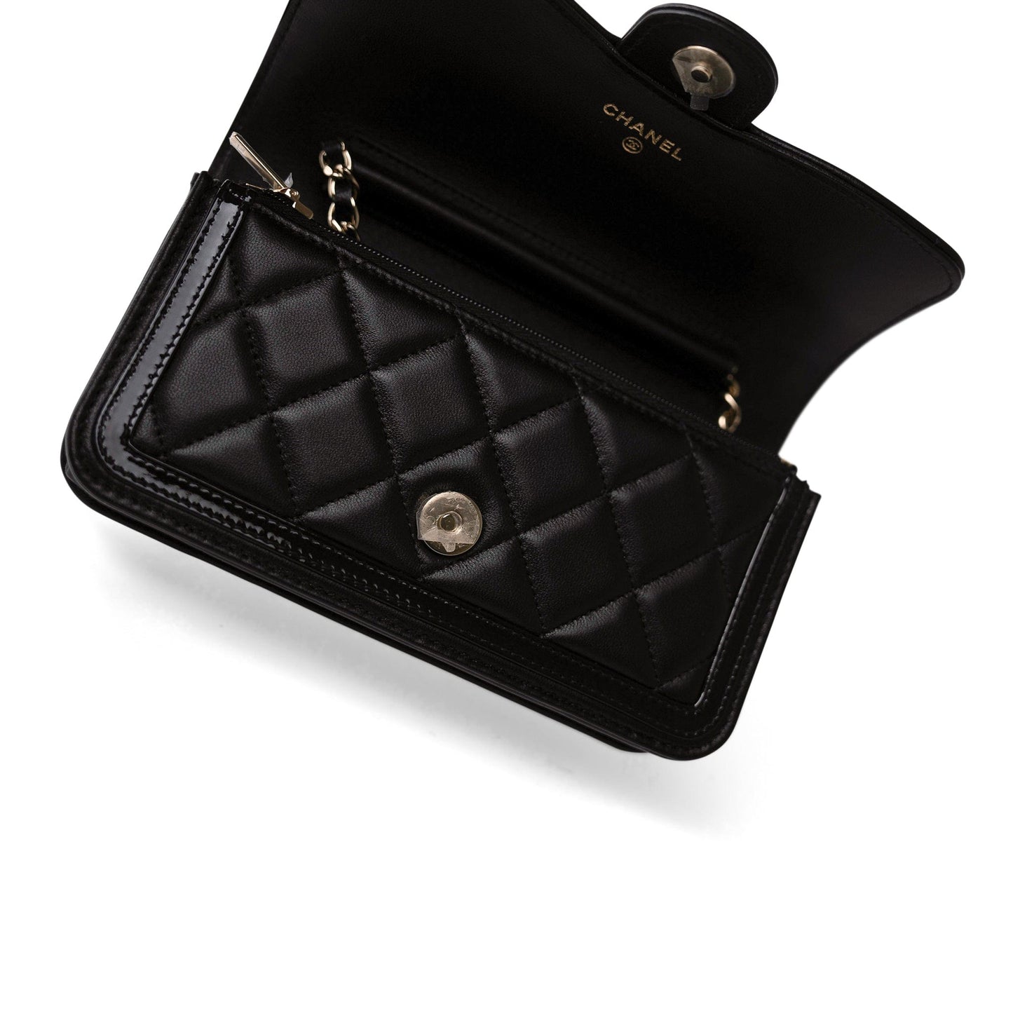23B Black Lambskin Quilted O Phone Holder With Chain