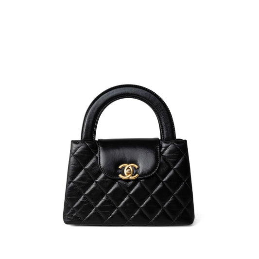 23K Shiny Black Aged Calfskin Quilted Nano Kelly Shopping Bag