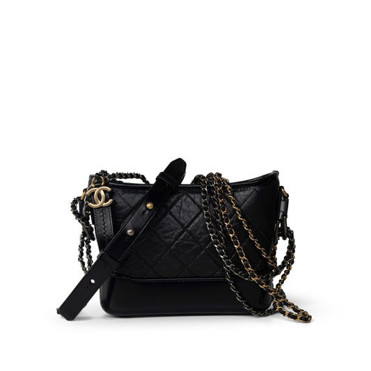 Black Aged Calfskin Quilted Gabrielle Hobo Bag Small Mixed Hardware