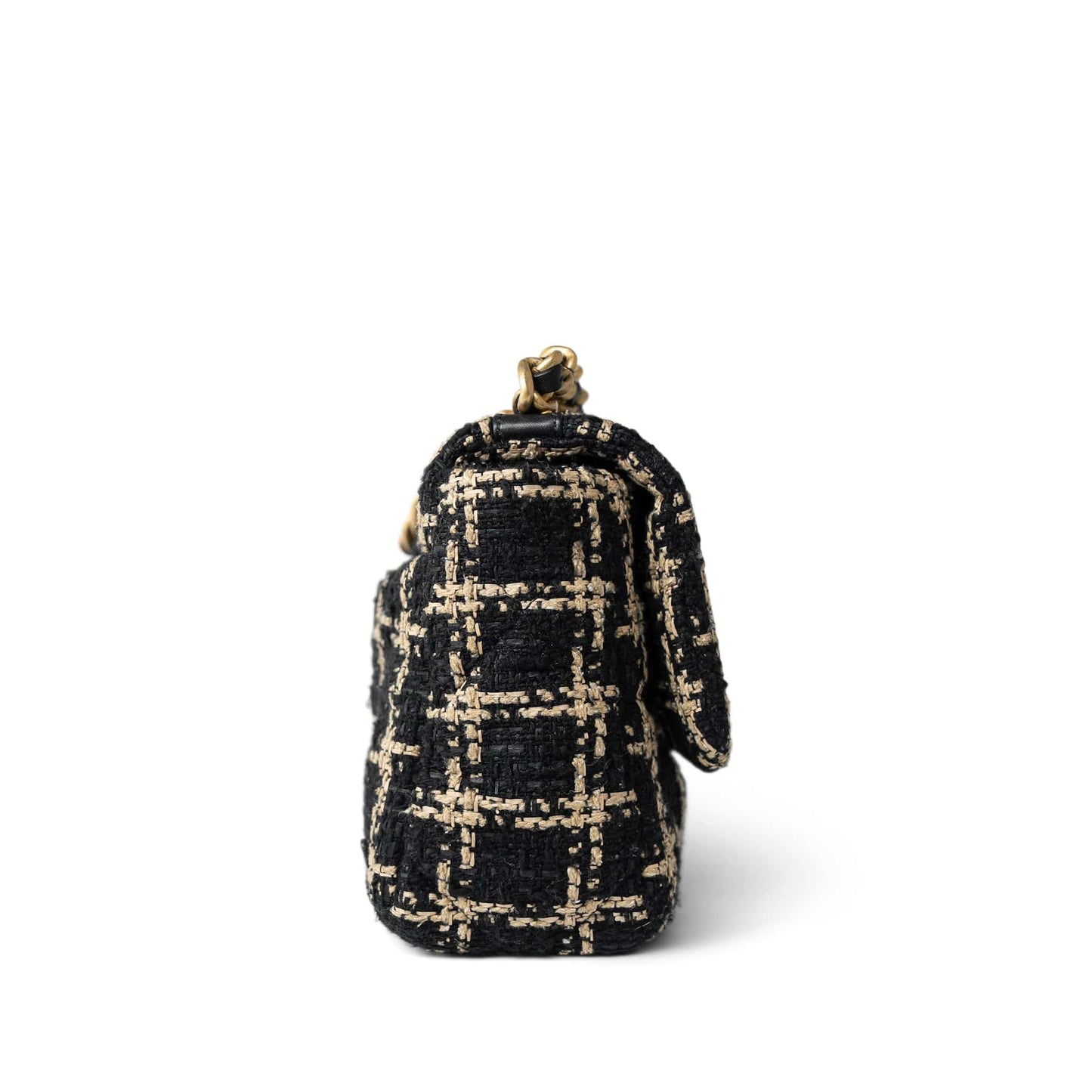 Black Beige Tweed Quilted 19 Flap Small Aged Gold Hardware