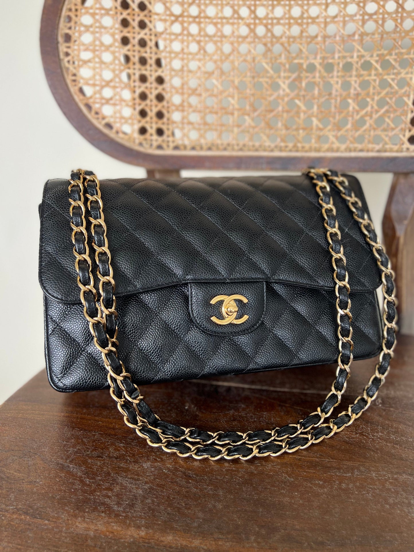 Black Caviar Quilted Jumbo Classic Flap Gold Hardware