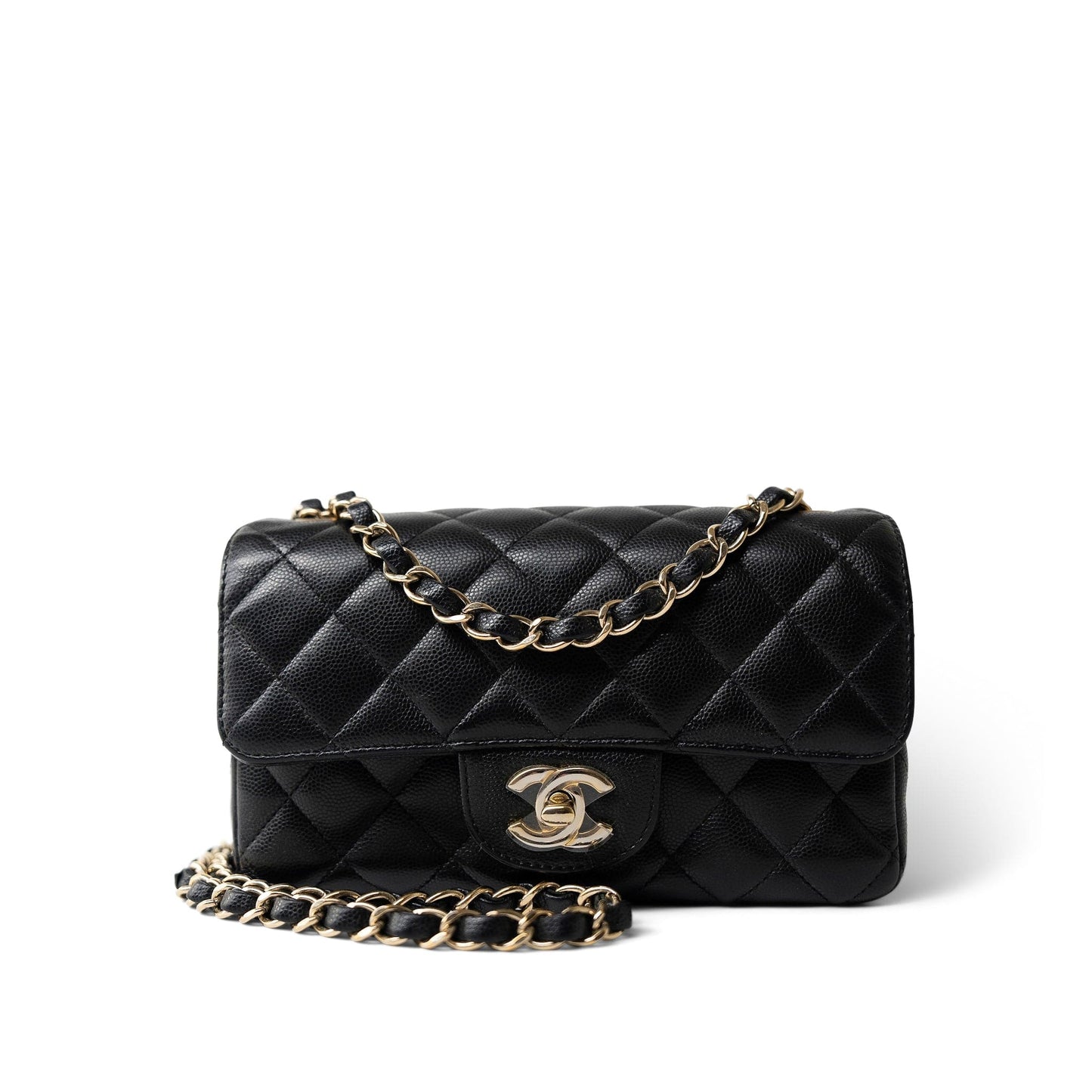 Black Caviar Quilted Mini Rectangular Flap Light Gold Hardware