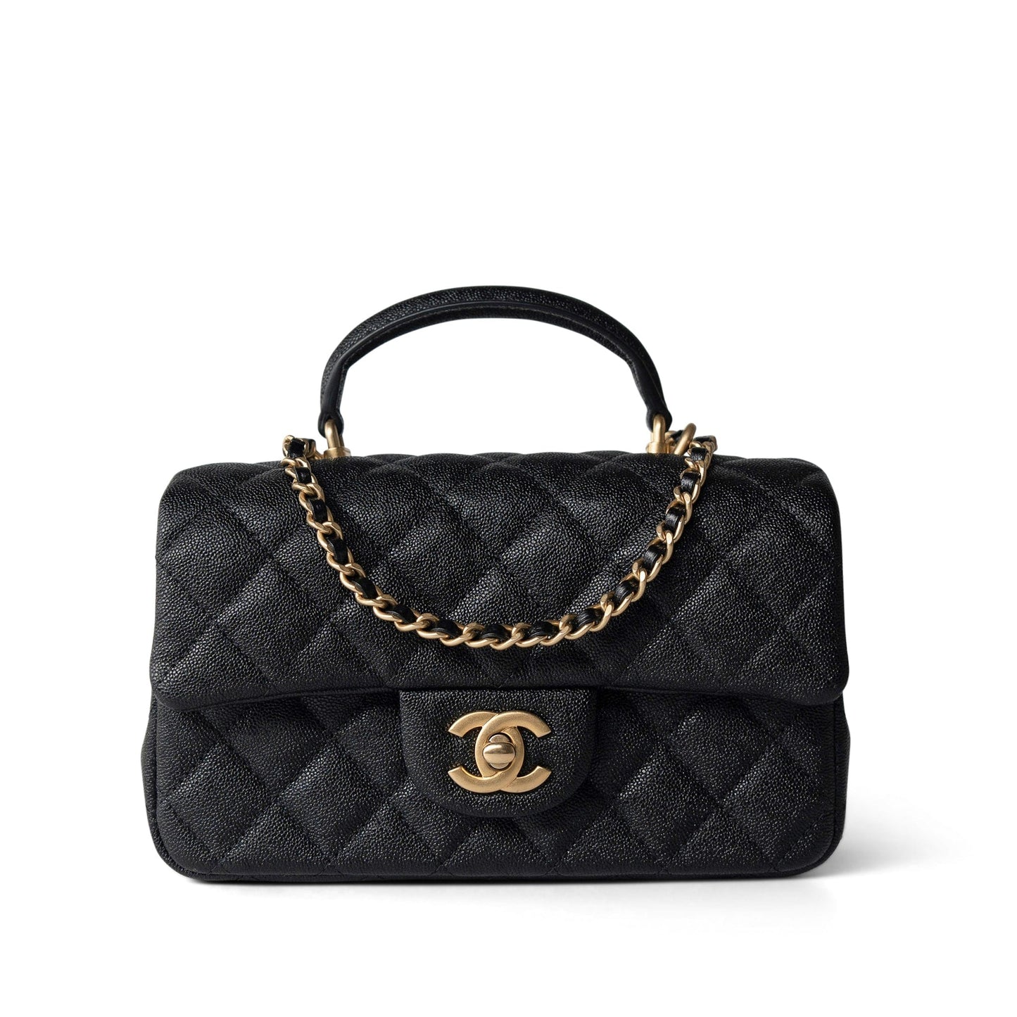 Black Caviar Quilted Mini Top Handle Antique Gold Hardware
