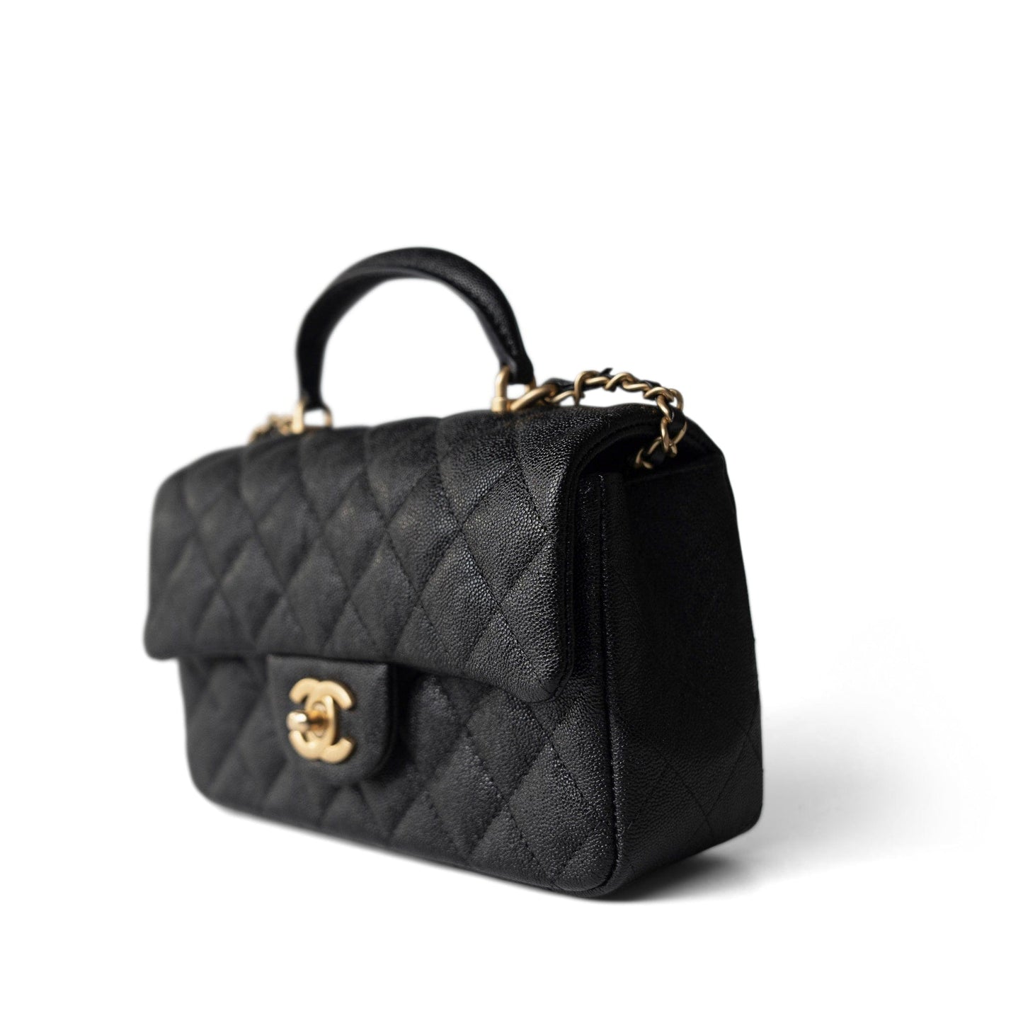 Black Caviar Quilted Mini Top Handle Antique Gold Hardware