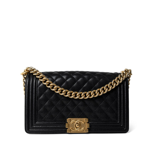 Black Caviar Quilted Old Medium Boy Bag Aged Gold Hardware