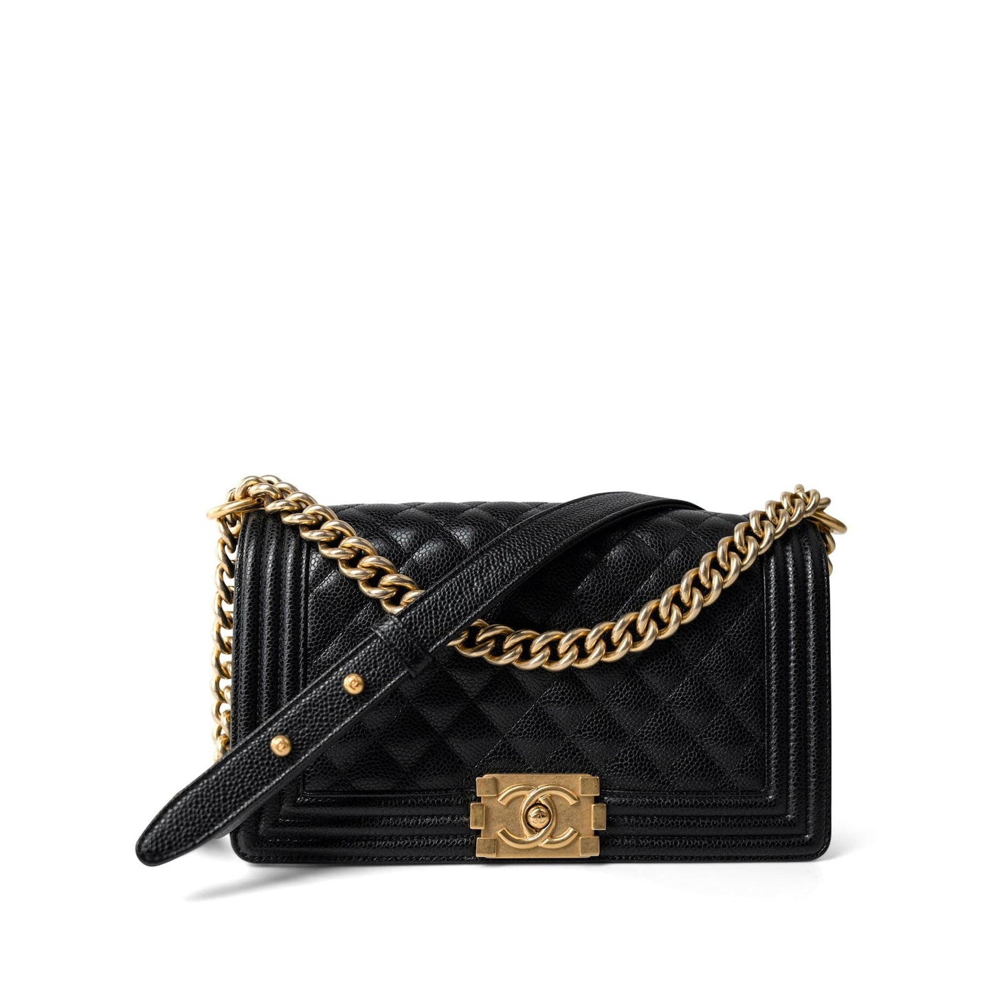 Black Caviar Quilted Old Medium Boy Bag Aged Gold Hardware