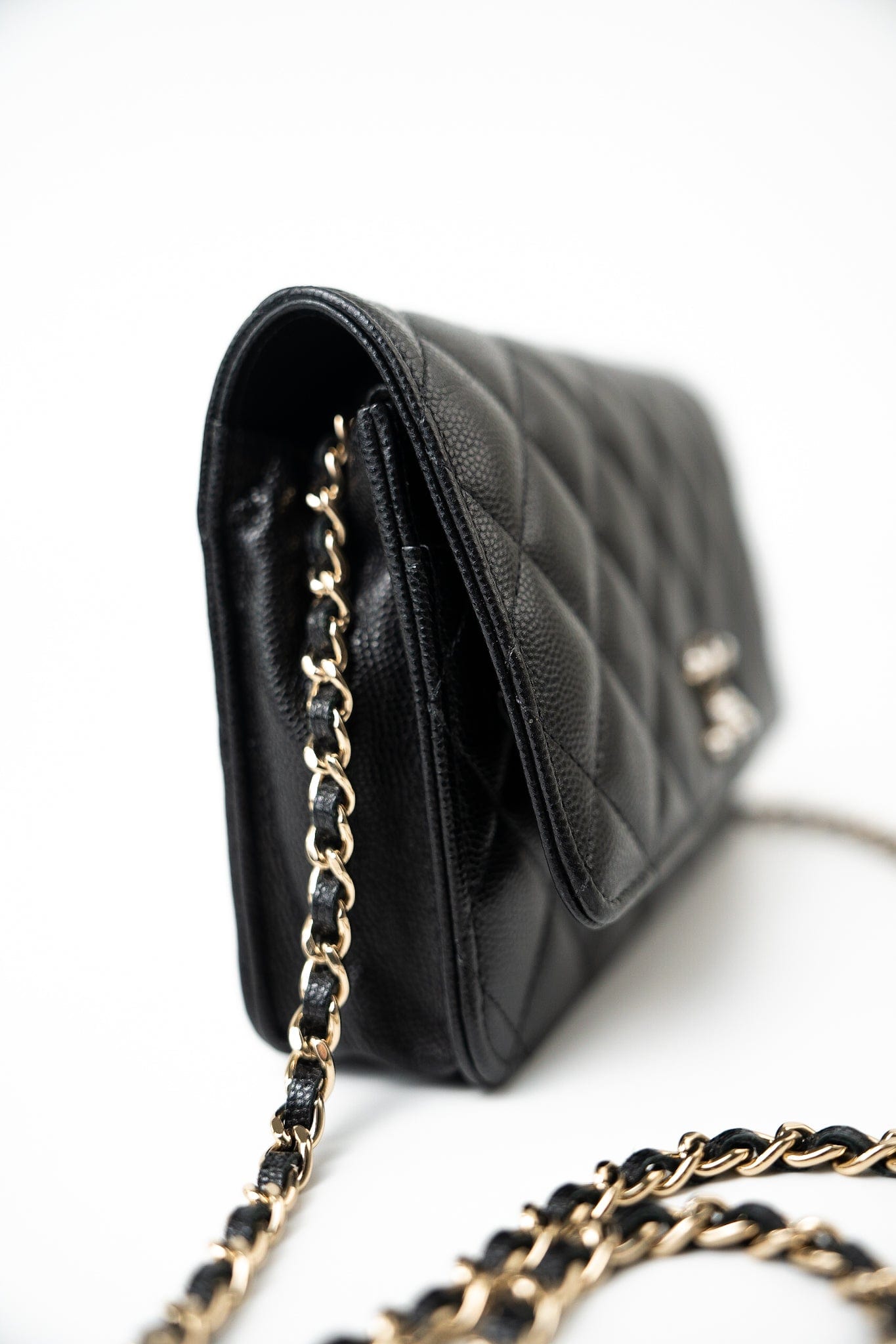 Black Caviar Quilted Wallet On Chain Pearly CC Light Gold Hardware (woc