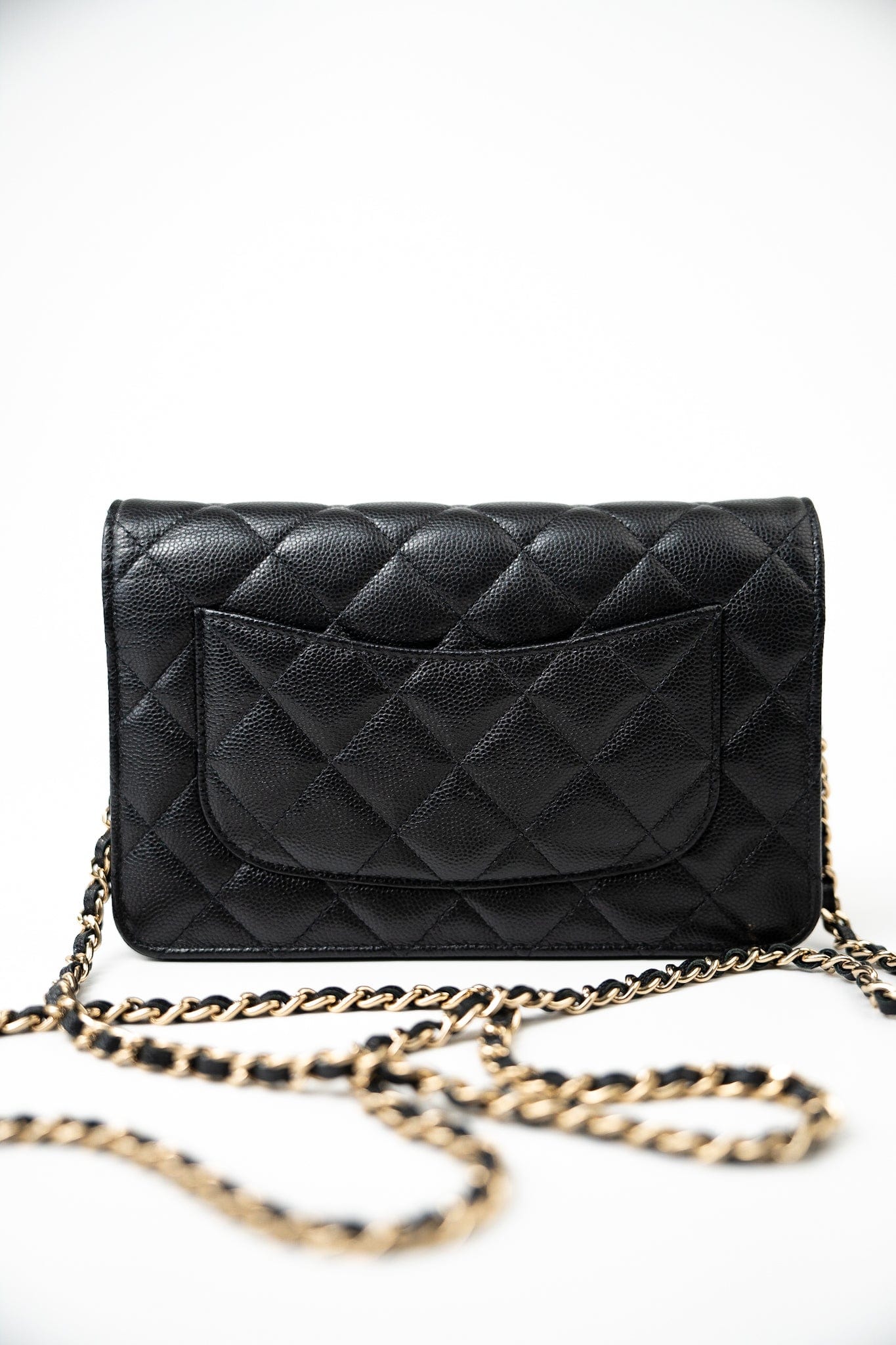 Black Caviar Quilted Wallet On Chain Pearly CC Light Gold Hardware (woc