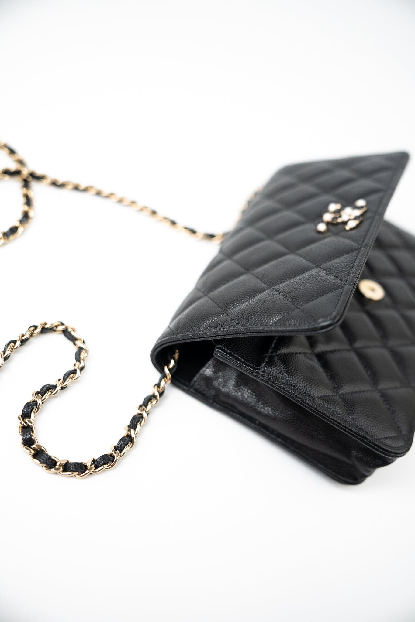 Black Caviar Quilted Wallet On Chain Pearly CC Light Gold Hardware (woc