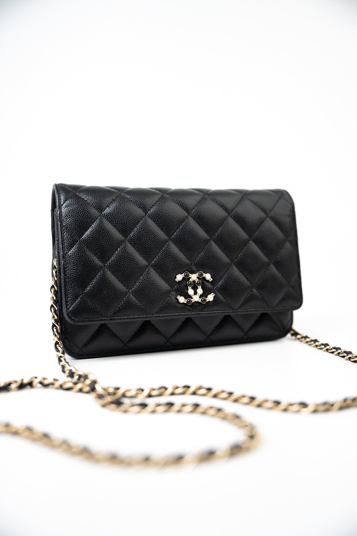 Black Caviar Quilted Wallet On Chain Pearly CC Light Gold Hardware (woc
