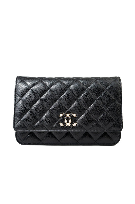 Black Caviar Quilted Wallet On Chain Pearly CC Light Gold Hardware (woc