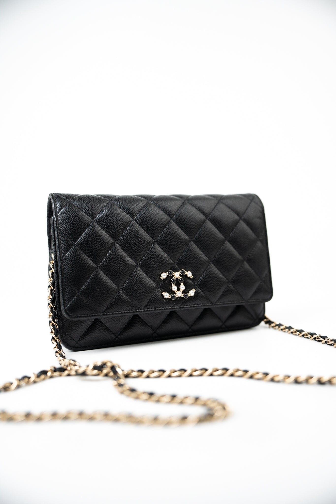 Black Caviar Quilted Wallet On Chain Pearly CC Light Gold Hardware (woc