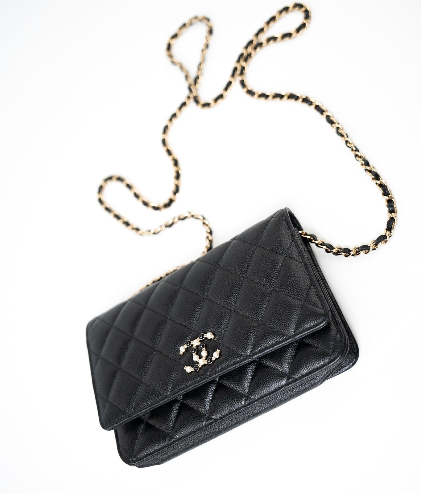 Black Caviar Quilted Wallet On Chain Pearly CC Light Gold Hardware (woc