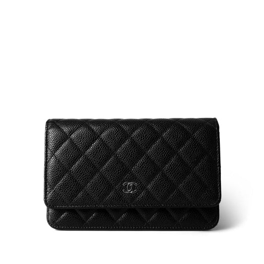 Black Caviar Quilted Wallet on Chain Silver Hardware