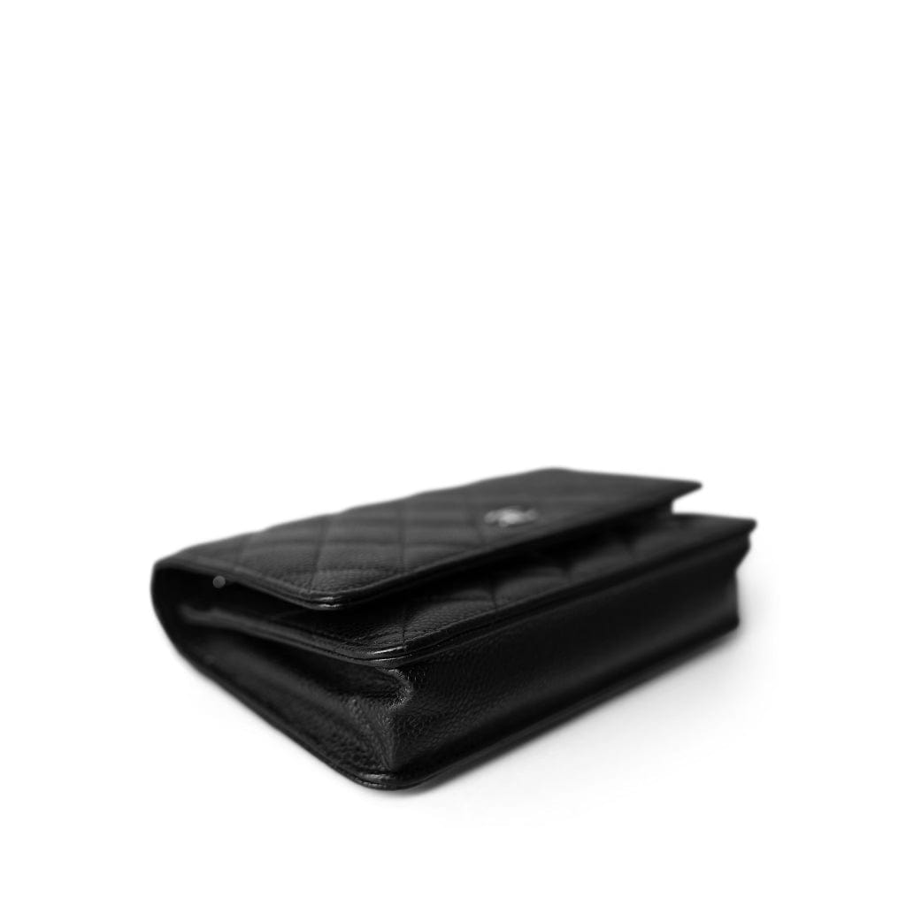 Black Caviar Quilted Wallet on Chain Silver Hardware