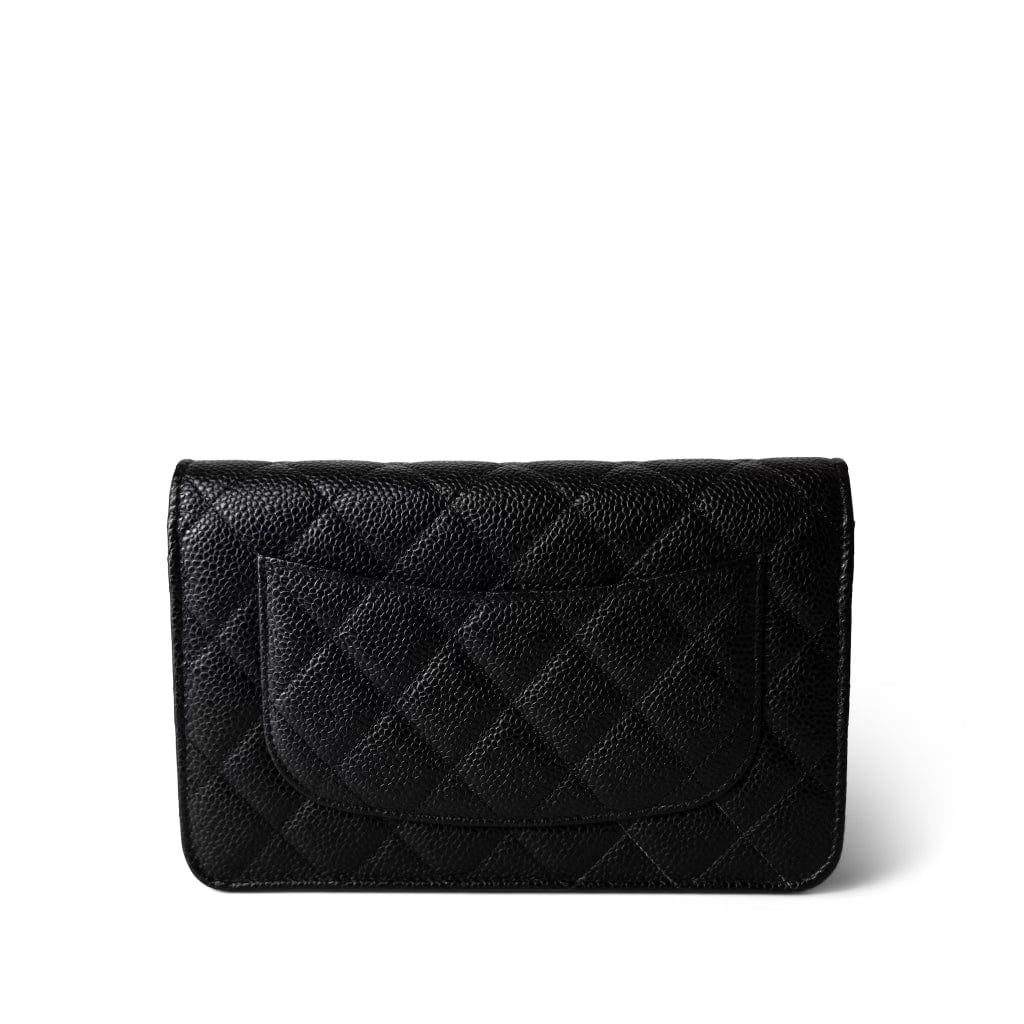 Black Caviar Quilted Wallet on Chain Silver Hardware